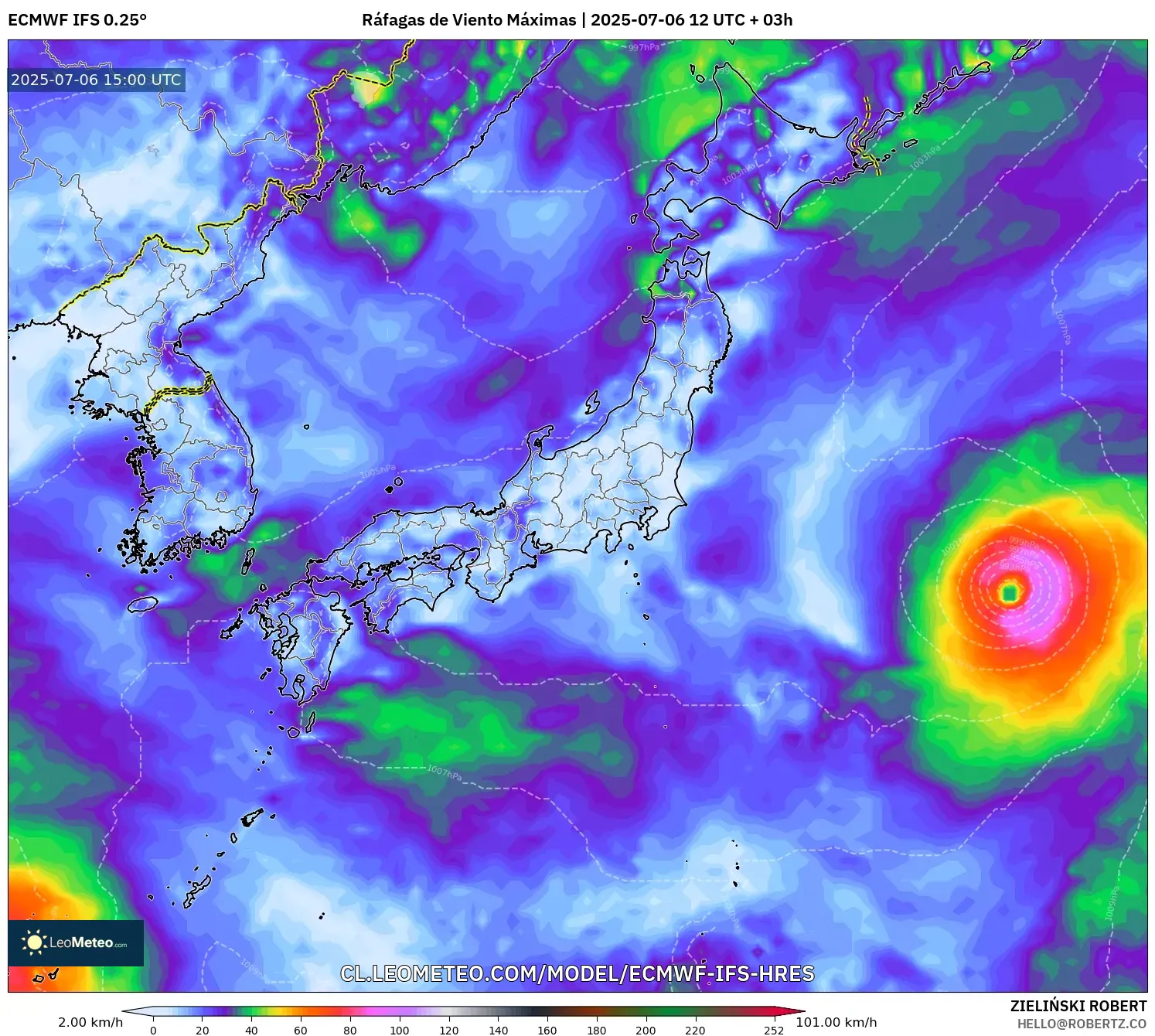 ECMWF IFS 0.25° model - Japón, Ráfagas de Viento Máximas ECMWF IFS 0.25° model - Japón, Ráfagas de Viento Máximas