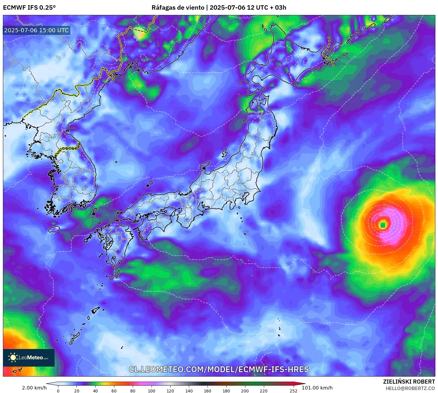 ECMWF IFS 0.25° model - Japón, Ráfagas de viento ECMWF IFS 0.25° model - Japón, Ráfagas de viento