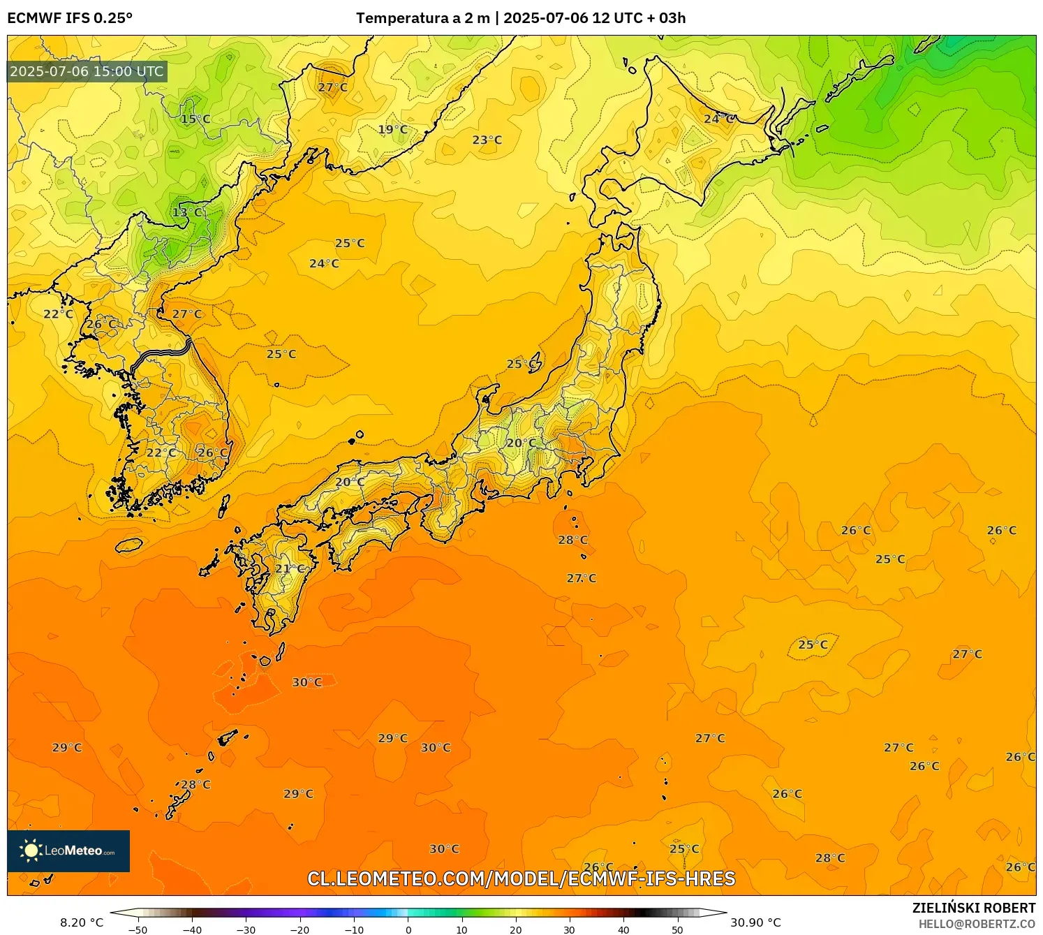 ECMWF IFS 0.25° model - Japón, Temperatura a 2 m ECMWF IFS 0.25° model - Japón, Temperatura a 2 m