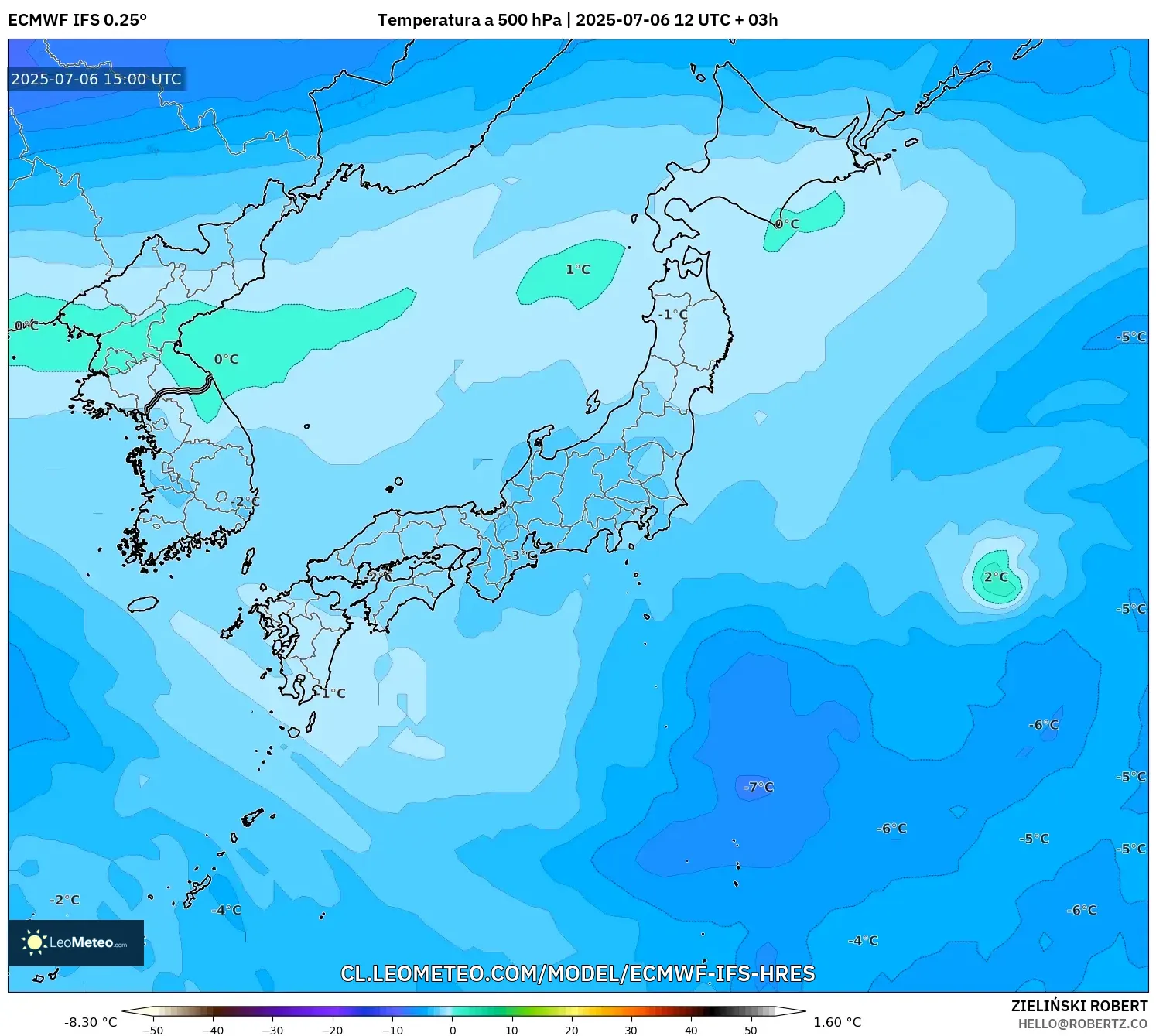 ECMWF IFS 0.25° model - Japón, Temperatura a 500 hPa ECMWF IFS 0.25° model - Japón, Temperatura a 500 hPa