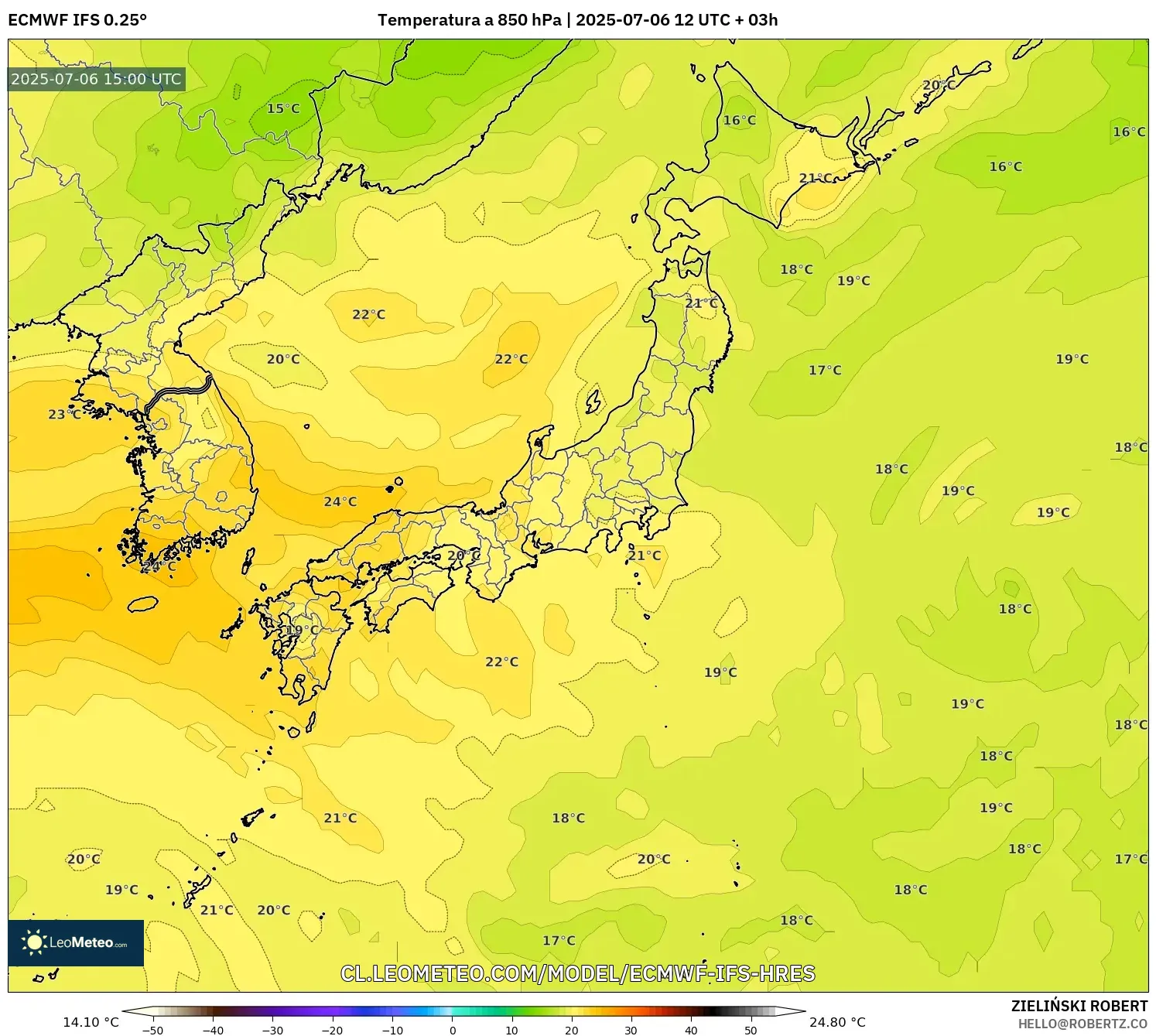 ECMWF IFS 0.25° model - Japón, Temperatura a 850 hPa ECMWF IFS 0.25° model - Japón, Temperatura a 850 hPa