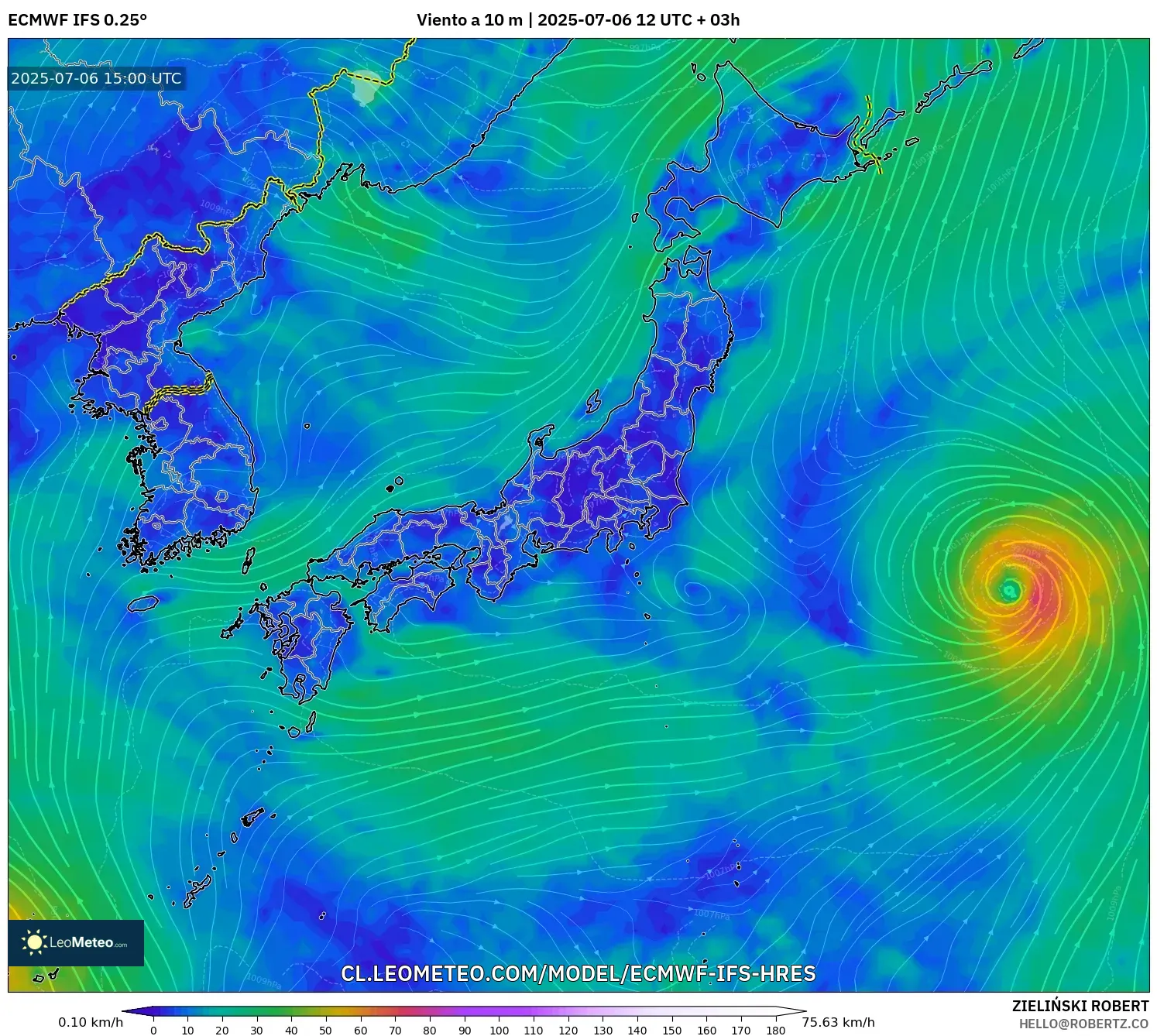 ECMWF IFS 0.25° model - Japón, Viento a 10 m ECMWF IFS 0.25° model - Japón, Viento a 10 m
