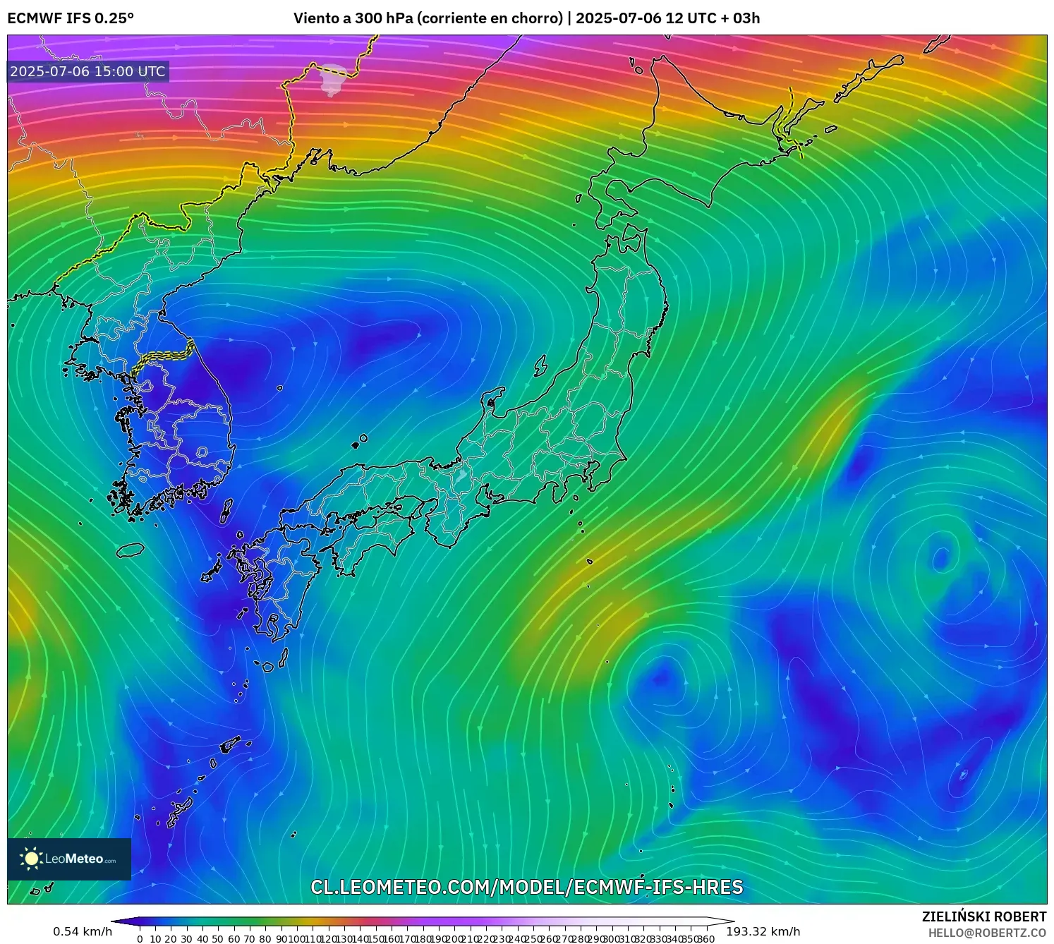ECMWF IFS 0.25° model - Japón, Viento a 300 hPa (corriente en chorro) ECMWF IFS 0.25° model - Japón, Viento a 300 hPa (corriente en chorro)