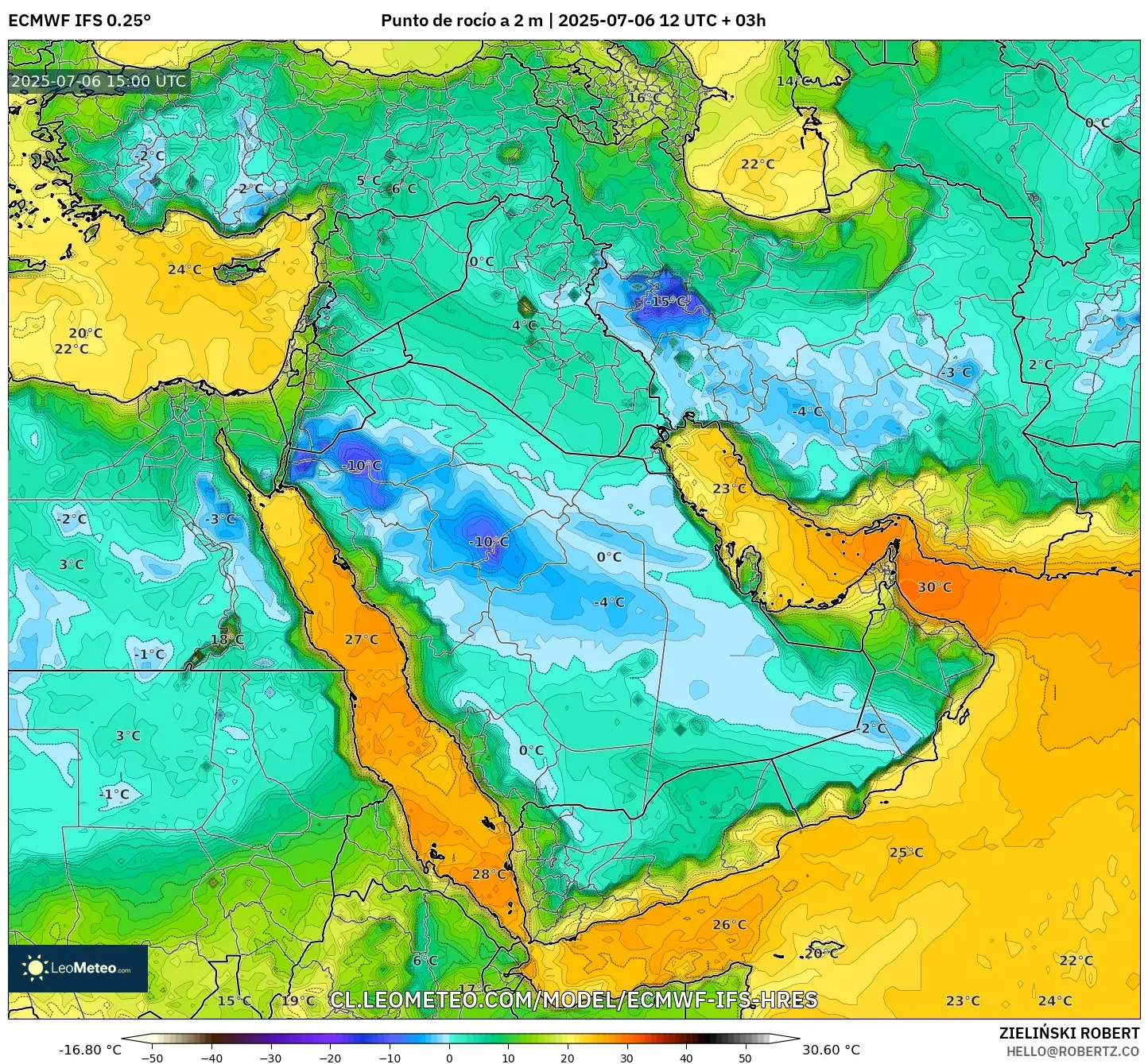 ECMWF IFS 0.25° model - Oriente Medio, Punto de rocío a 2 m ECMWF IFS 0.25° model - Oriente Medio, Punto de rocío a 2 m