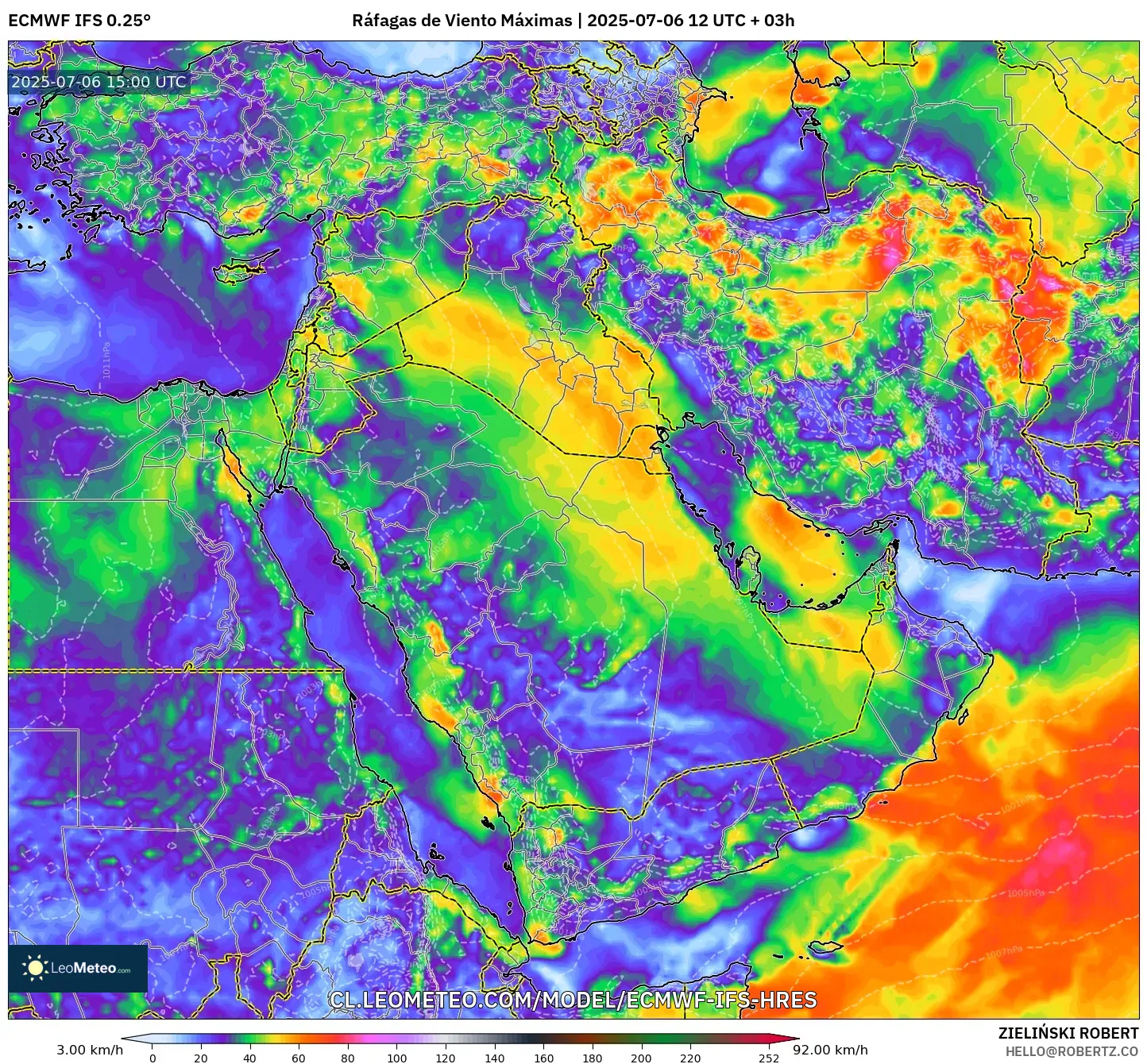 ECMWF IFS 0.25° model - Oriente Medio, Ráfagas de Viento Máximas ECMWF IFS 0.25° model - Oriente Medio, Ráfagas de Viento Máximas