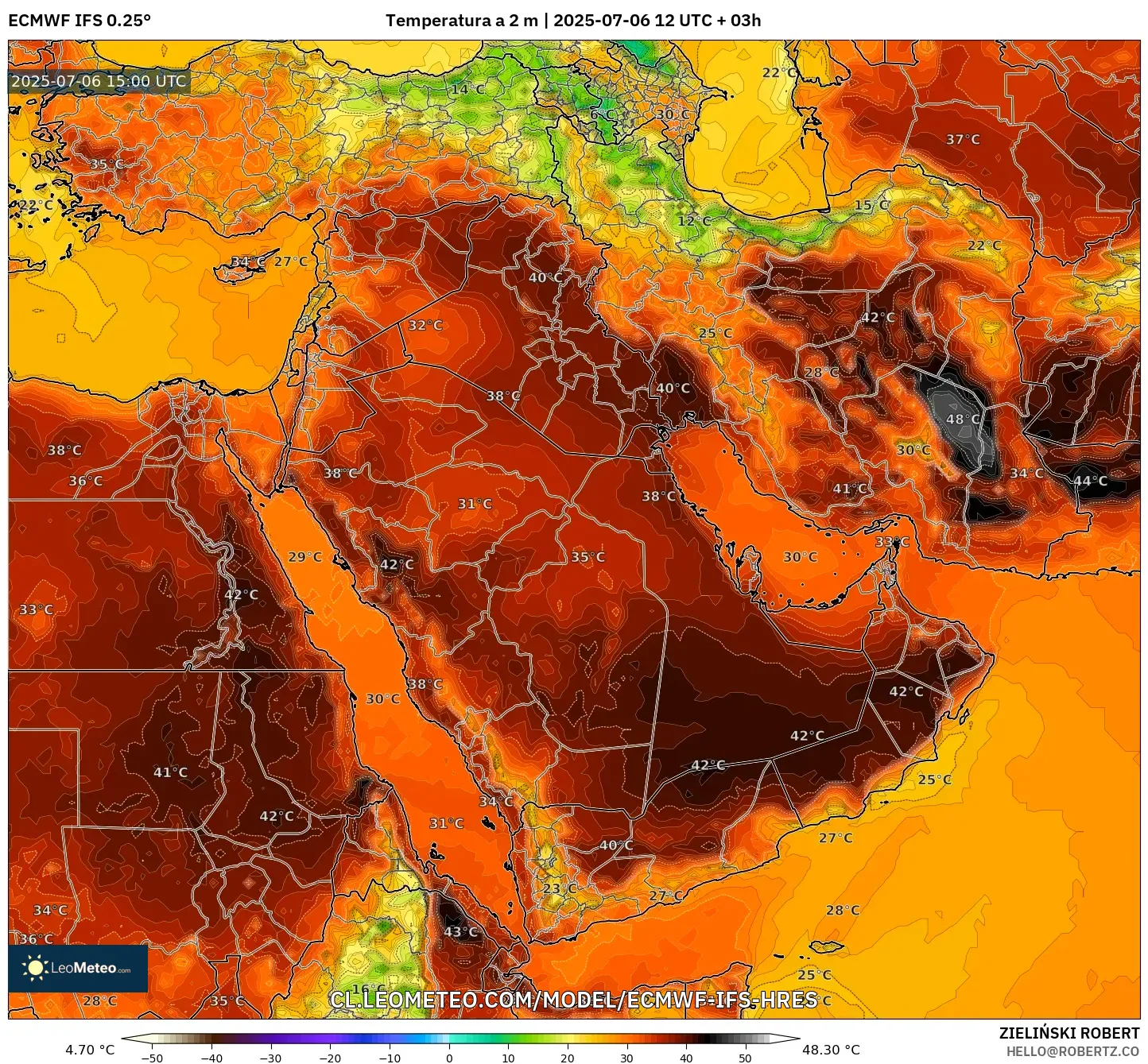 ECMWF IFS 0.25° model - Oriente Medio, Temperatura a 2 m ECMWF IFS 0.25° model - Oriente Medio, Temperatura a 2 m