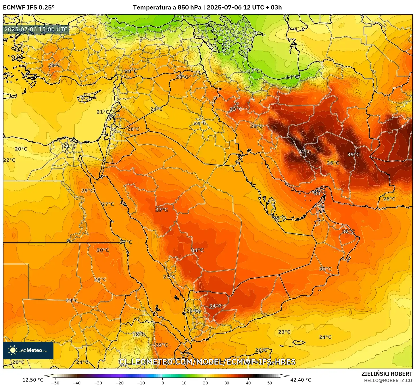 ECMWF IFS 0.25° model - Oriente Medio, Temperatura a 850 hPa ECMWF IFS 0.25° model - Oriente Medio, Temperatura a 850 hPa