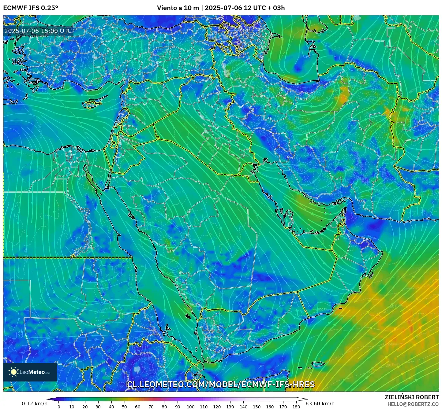 ECMWF IFS 0.25° model - Oriente Medio, Viento a 10 m ECMWF IFS 0.25° model - Oriente Medio, Viento a 10 m