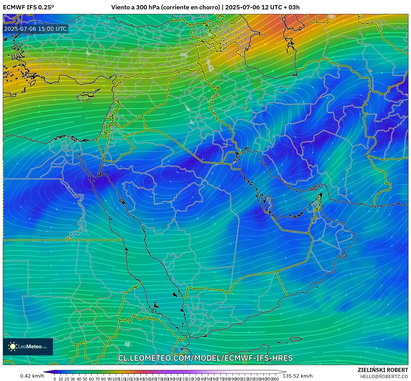 ECMWF IFS 0.25° model - Oriente Medio, Viento a 300 hPa (corriente en chorro) ECMWF IFS 0.25° model - Oriente Medio, Viento a 300 hPa (corriente en chorro)