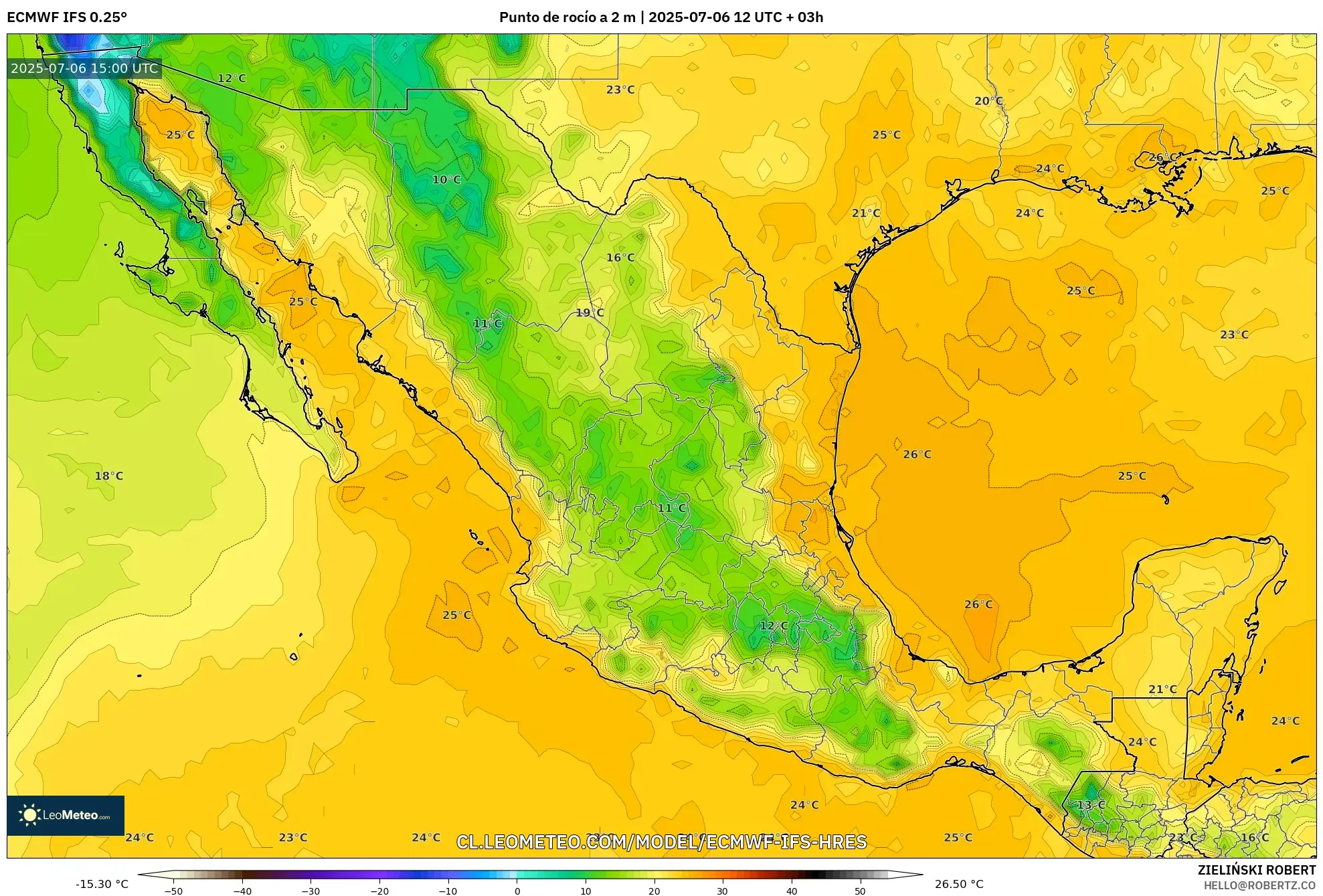 ECMWF IFS 0.25° model - México, Punto de rocío a 2 m ECMWF IFS 0.25° model - México, Punto de rocío a 2 m