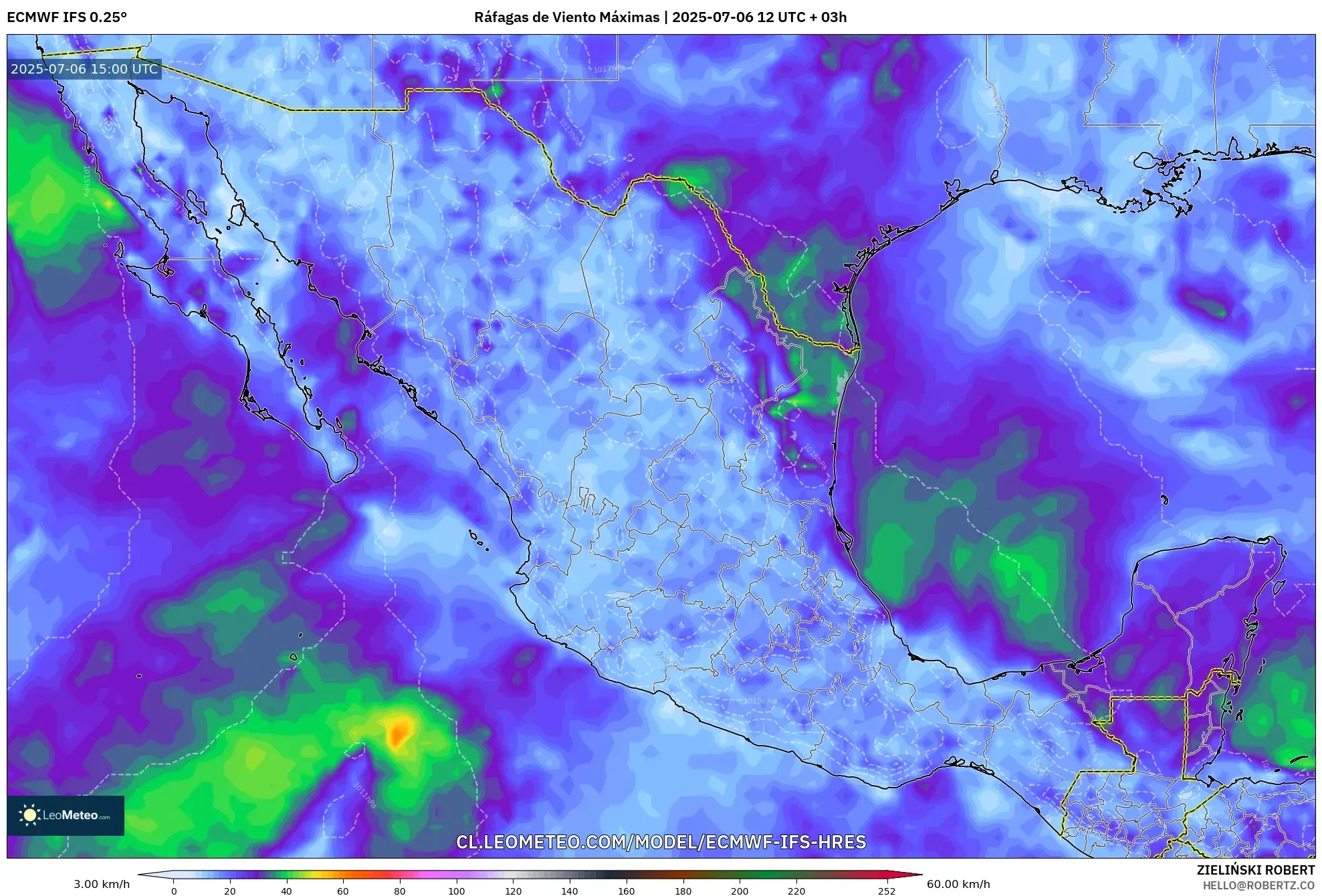 ECMWF IFS 0.25° model - México, Ráfagas de Viento Máximas ECMWF IFS 0.25° model - México, Ráfagas de Viento Máximas