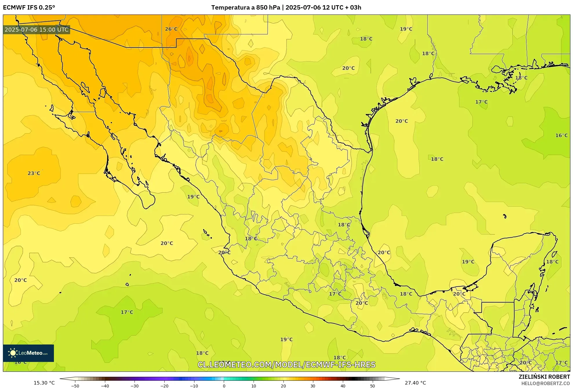 ECMWF IFS 0.25° model - México, Temperatura a 850 hPa ECMWF IFS 0.25° model - México, Temperatura a 850 hPa