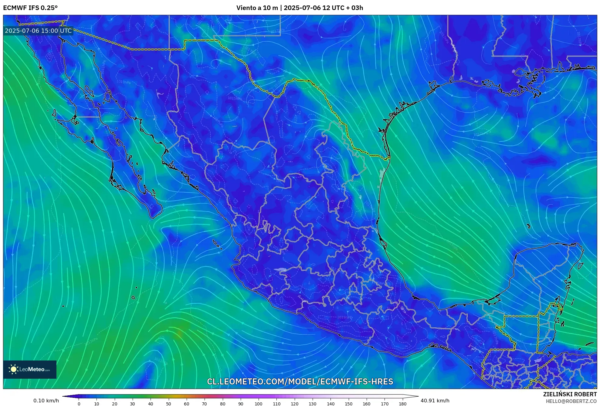 ECMWF IFS 0.25° model - México, Viento a 10 m ECMWF IFS 0.25° model - México, Viento a 10 m