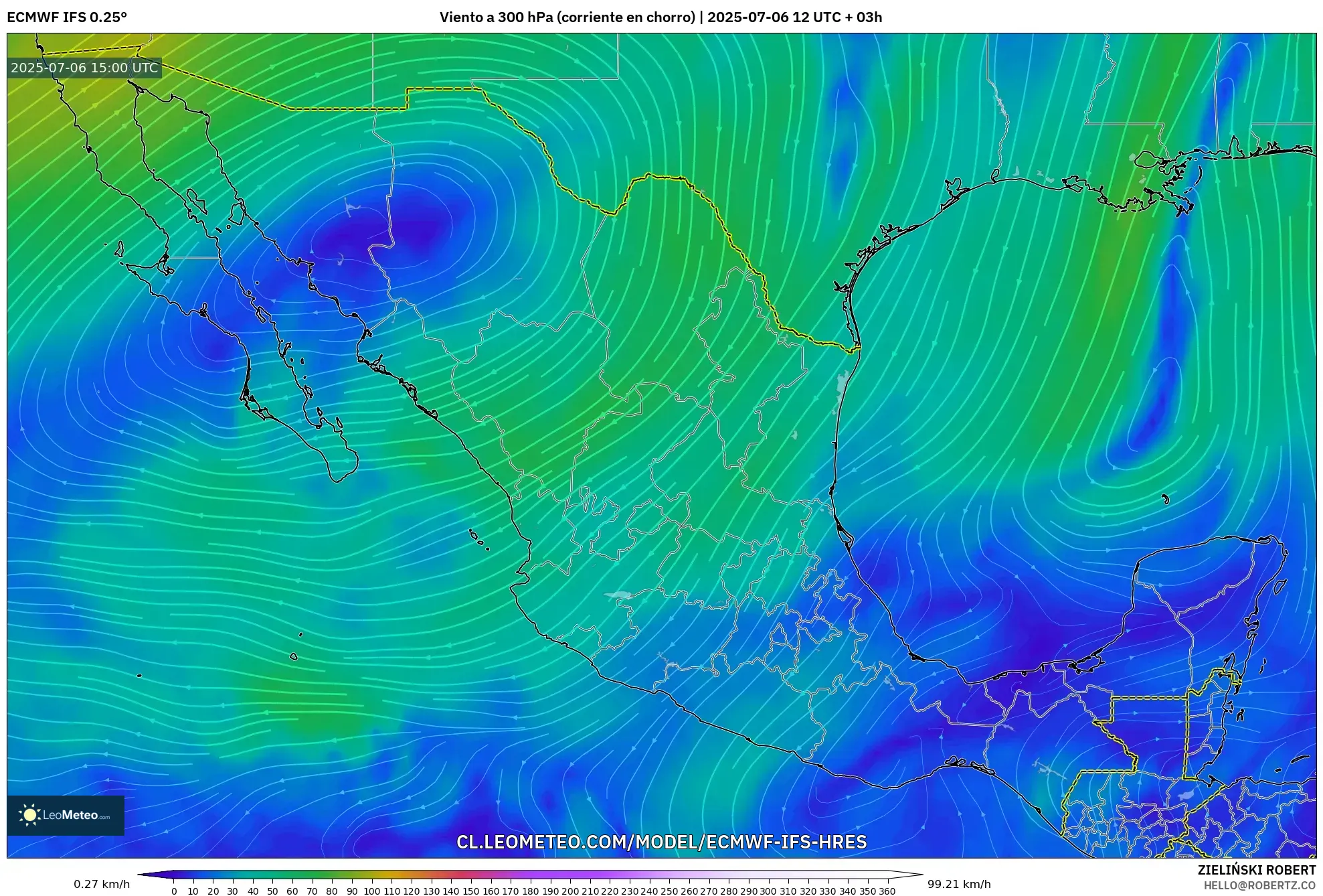 ECMWF IFS 0.25° model - México, Viento a 300 hPa (corriente en chorro) ECMWF IFS 0.25° model - México, Viento a 300 hPa (corriente en chorro)