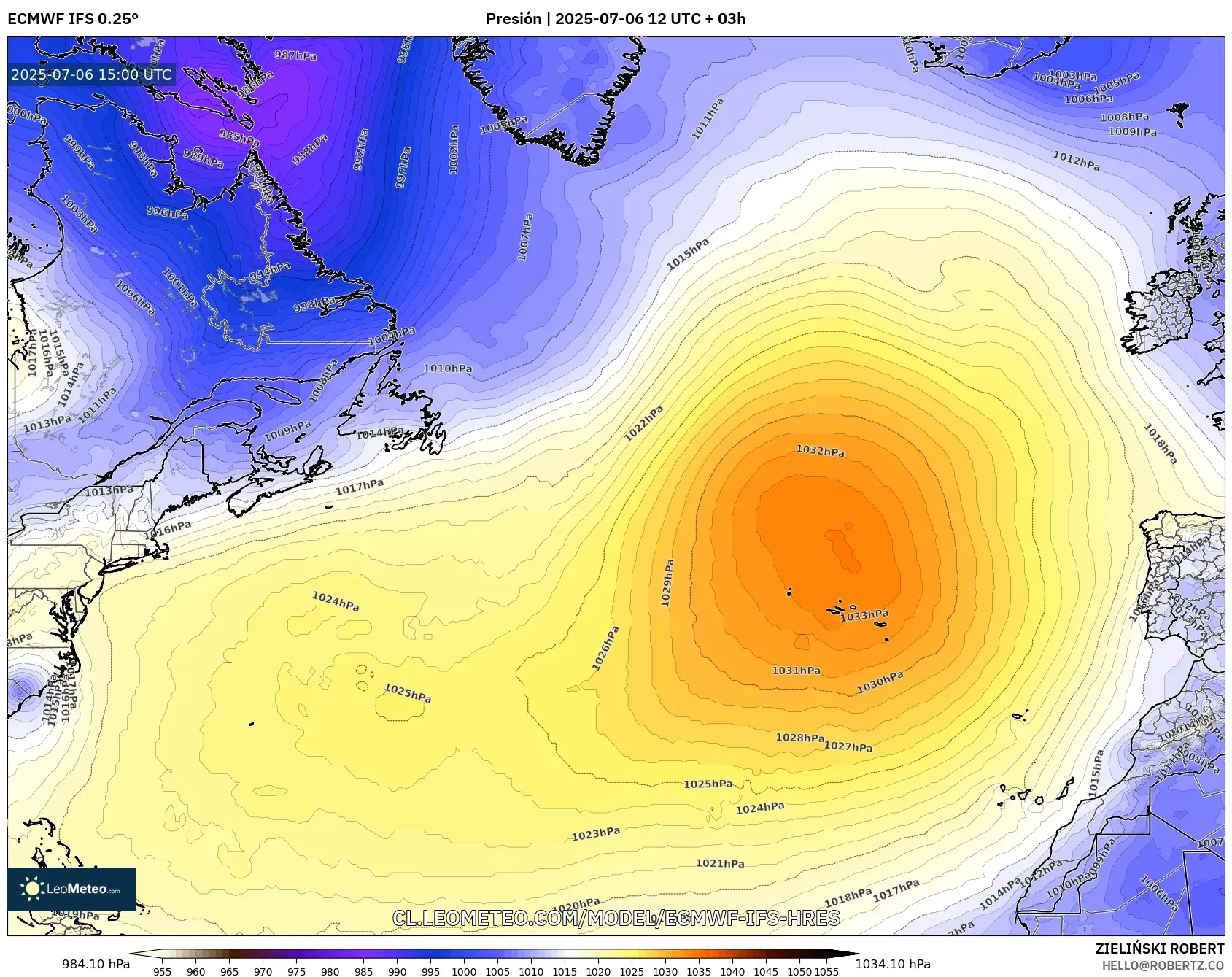 ECMWF IFS 0.25° model - Norte Atlántico, Presión ECMWF IFS 0.25° model - Norte Atlántico, Presión