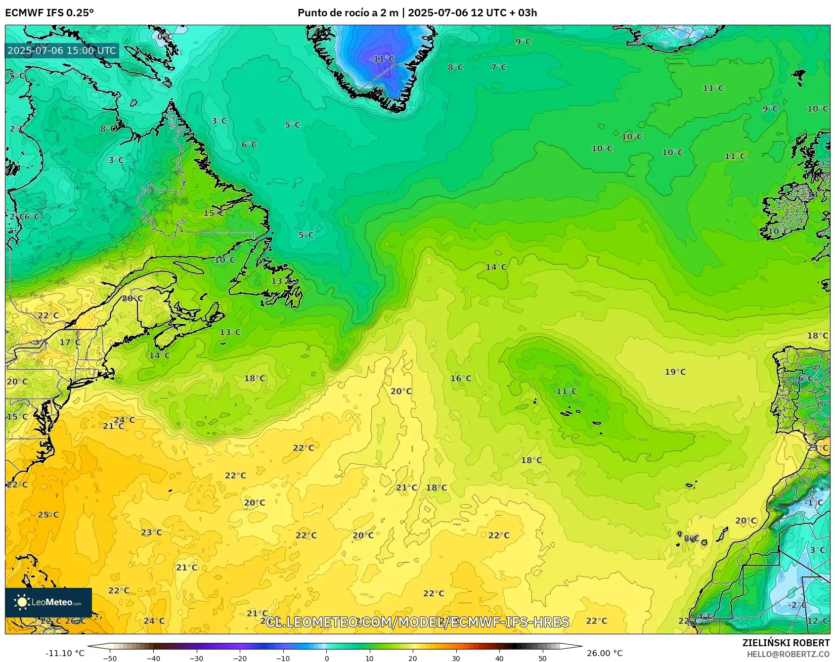 ECMWF IFS 0.25° model - Norte Atlántico, Punto de rocío a 2 m ECMWF IFS 0.25° model - Norte Atlántico, Punto de rocío a 2 m