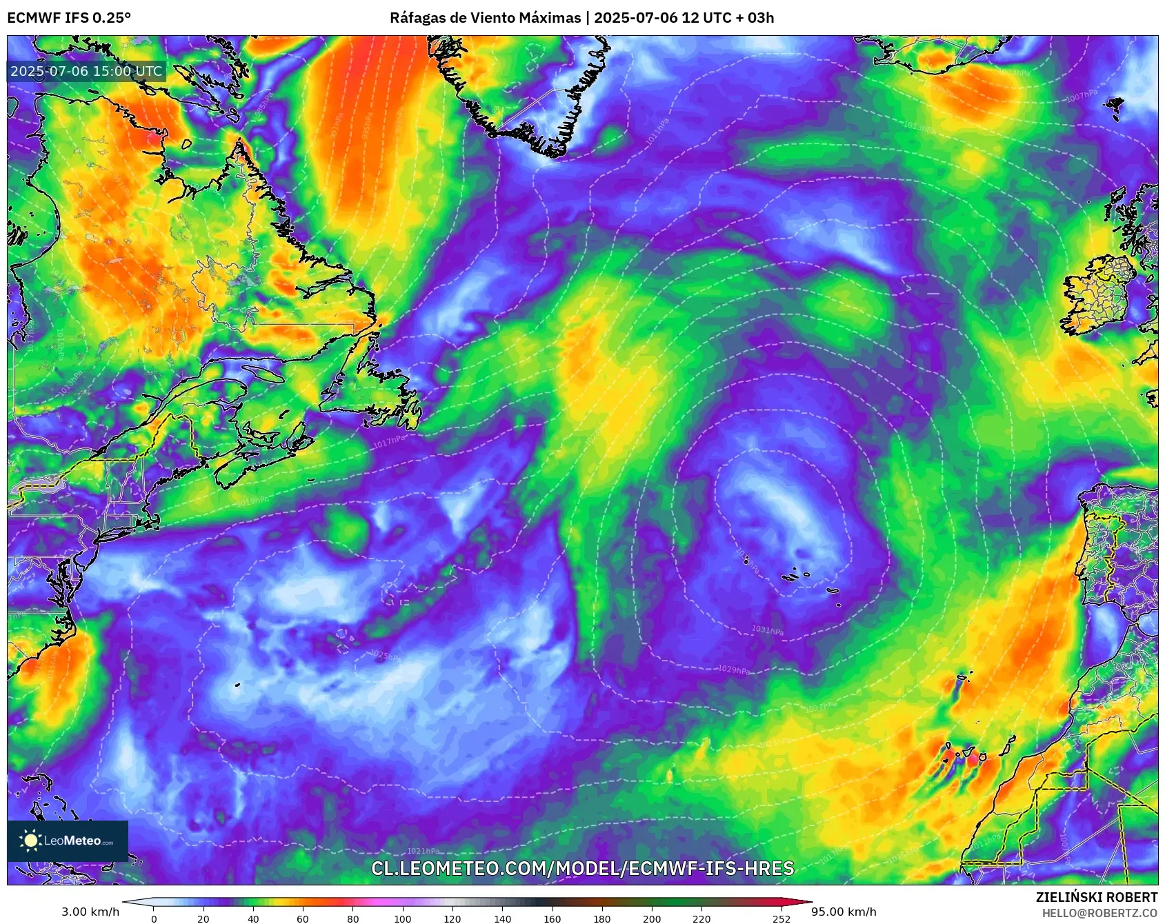 ECMWF IFS 0.25° model - Norte Atlántico, Ráfagas de Viento Máximas ECMWF IFS 0.25° model - Norte Atlántico, Ráfagas de Viento Máximas