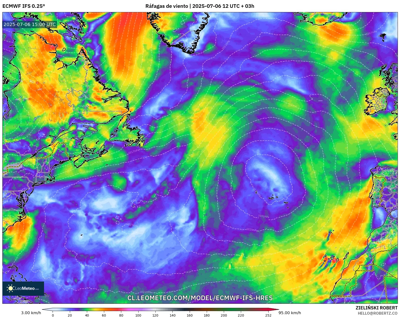 ECMWF IFS 0.25° model - Norte Atlántico, Ráfagas de viento ECMWF IFS 0.25° model - Norte Atlántico, Ráfagas de viento