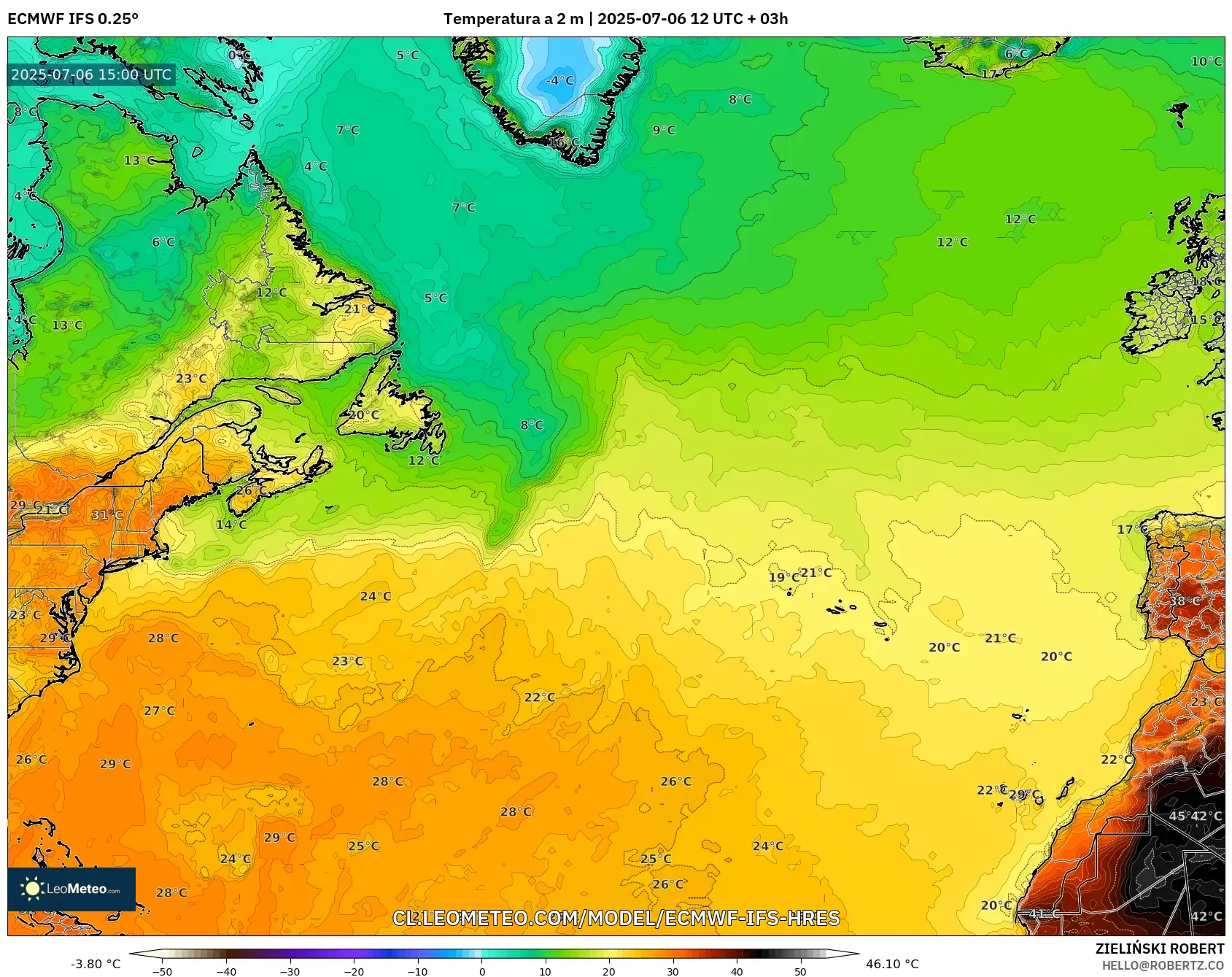 ECMWF IFS 0.25° model - Norte Atlántico, Temperatura a 2 m ECMWF IFS 0.25° model - Norte Atlántico, Temperatura a 2 m