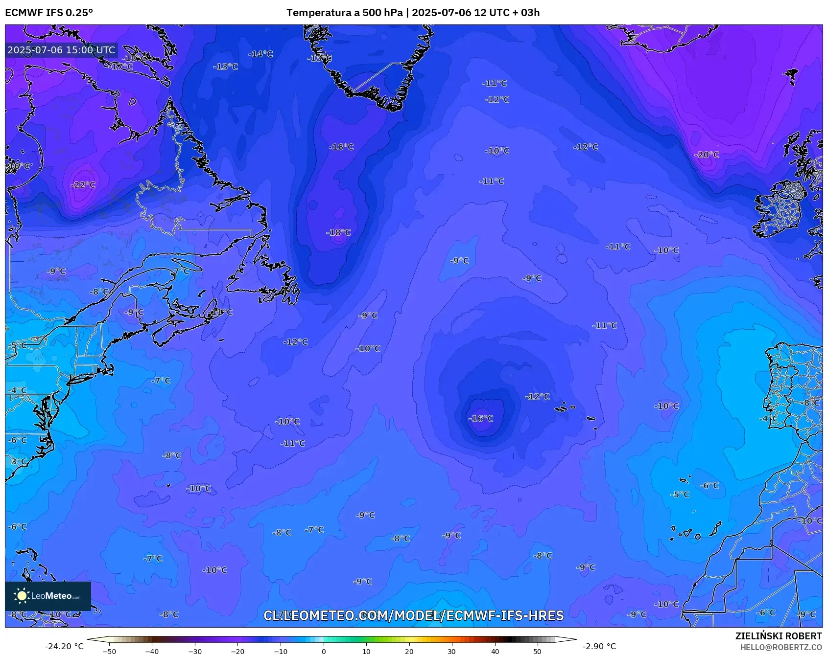 ECMWF IFS 0.25° model - Norte Atlántico, Temperatura a 500 hPa ECMWF IFS 0.25° model - Norte Atlántico, Temperatura a 500 hPa