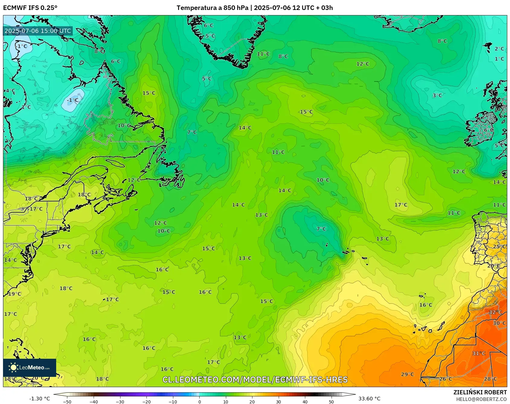 ECMWF IFS 0.25° model - Norte Atlántico, Temperatura a 850 hPa ECMWF IFS 0.25° model - Norte Atlántico, Temperatura a 850 hPa