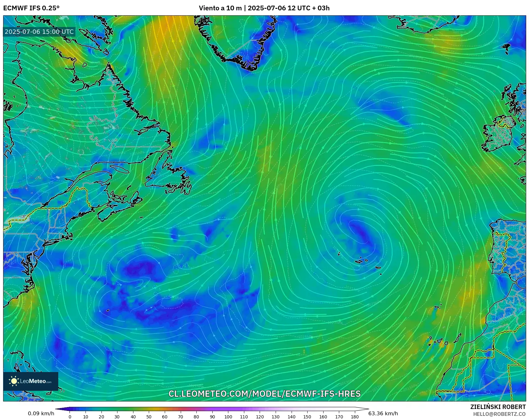 ECMWF IFS 0.25° model - Norte Atlántico, Viento a 10 m ECMWF IFS 0.25° model - Norte Atlántico, Viento a 10 m