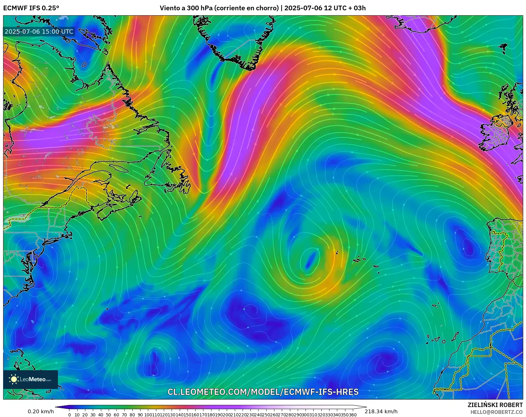 ECMWF IFS 0.25° model - Norte Atlántico, Viento a 300 hPa (corriente en chorro) ECMWF IFS 0.25° model - Norte Atlántico, Viento a 300 hPa (corriente en chorro)