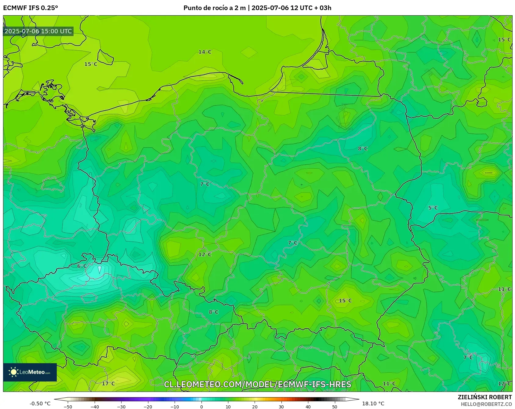 ECMWF IFS 0.25° model - Polonia, Punto de rocío a 2 m ECMWF IFS 0.25° model - Polonia, Punto de rocío a 2 m