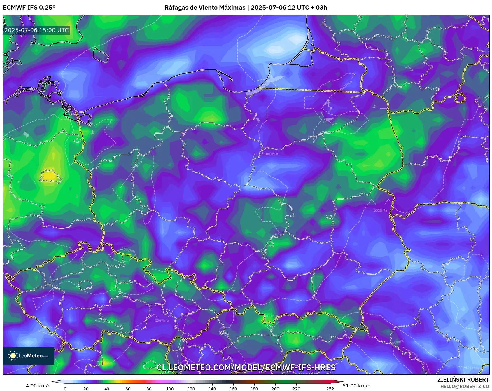 ECMWF IFS 0.25° model - Polonia, Ráfagas de Viento Máximas ECMWF IFS 0.25° model - Polonia, Ráfagas de Viento Máximas