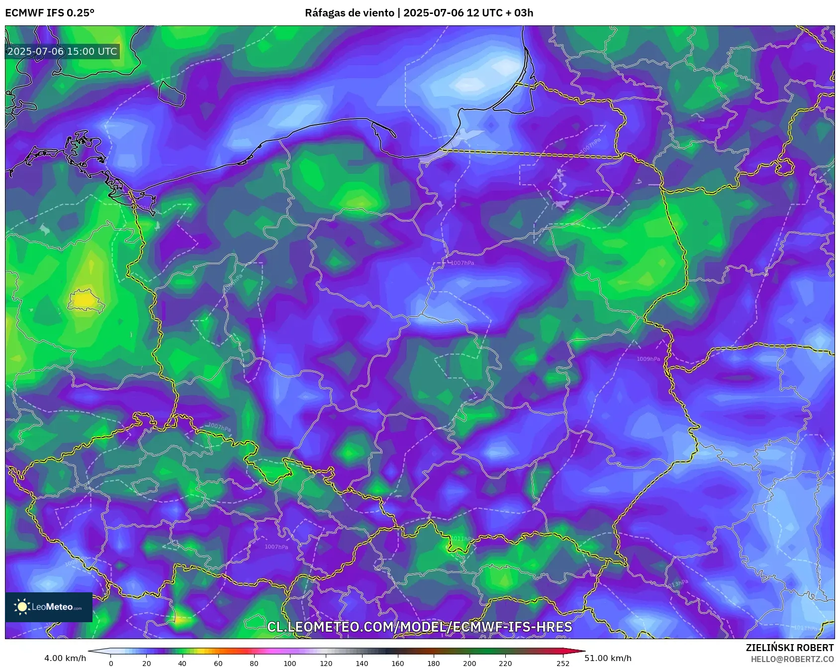 ECMWF IFS 0.25° model - Polonia, Ráfagas de viento ECMWF IFS 0.25° model - Polonia, Ráfagas de viento