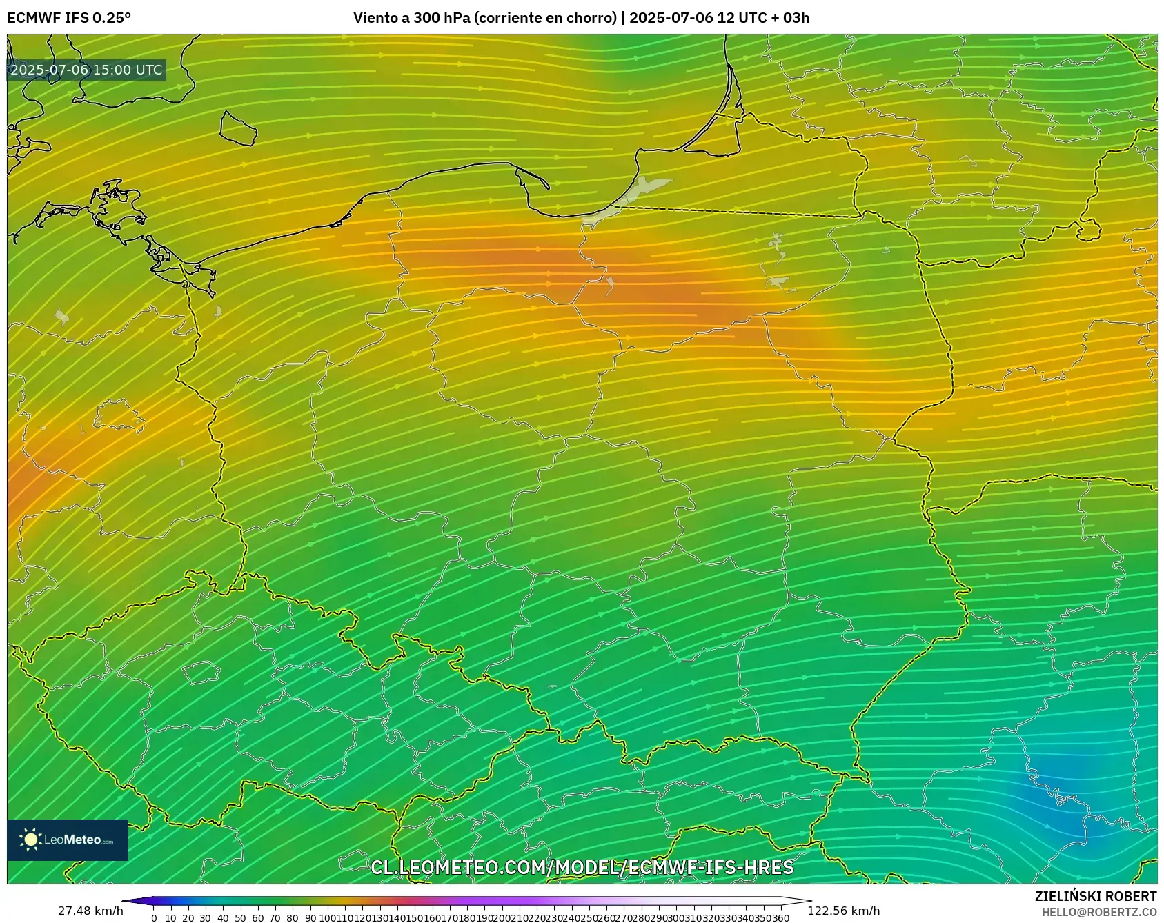 ECMWF IFS 0.25° model - Polonia, Viento a 300 hPa (corriente en chorro) ECMWF IFS 0.25° model - Polonia, Viento a 300 hPa (corriente en chorro)
