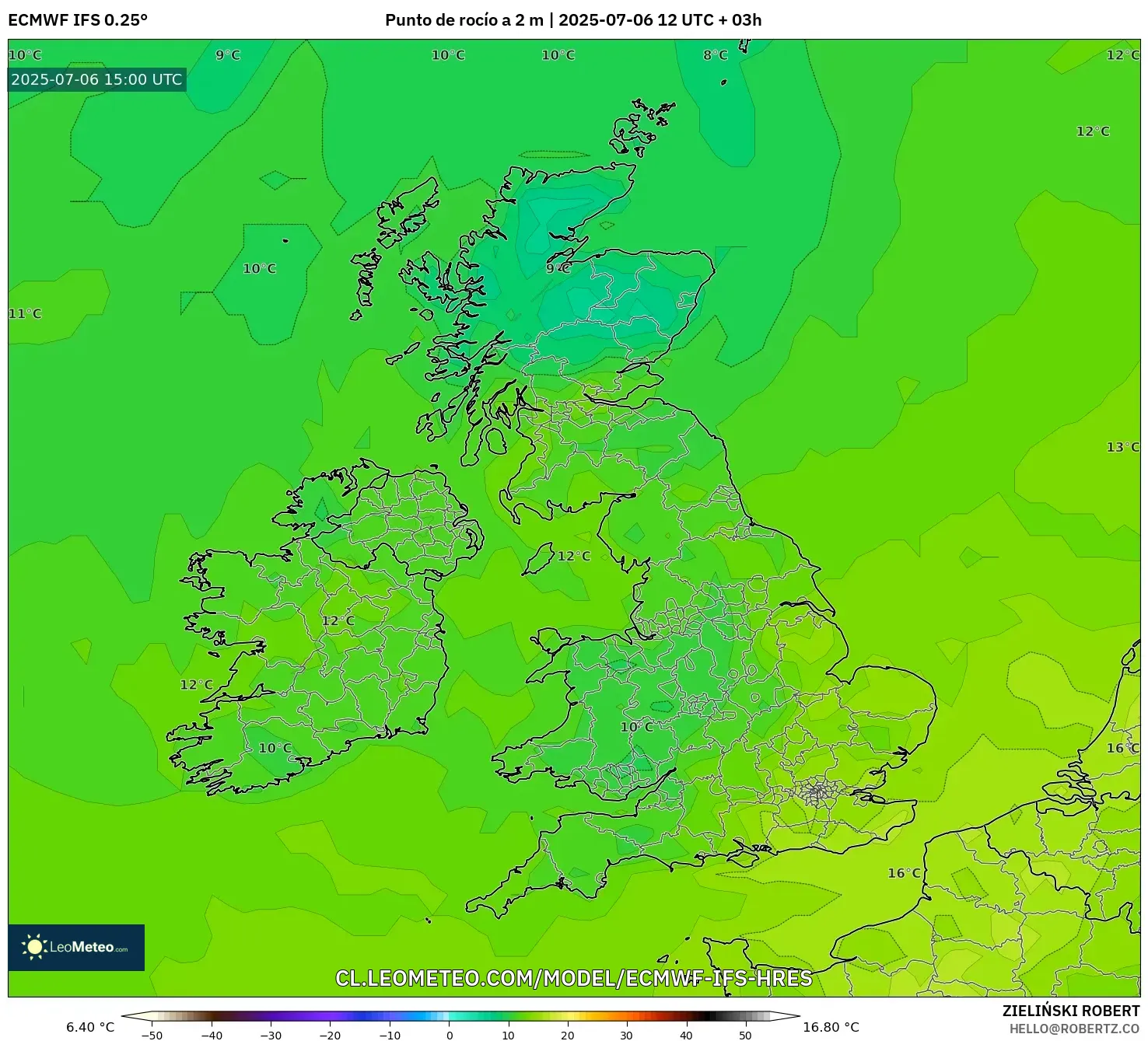 ECMWF IFS 0.25° model - Reino Unido, Punto de rocío a 2 m ECMWF IFS 0.25° model - Reino Unido, Punto de rocío a 2 m