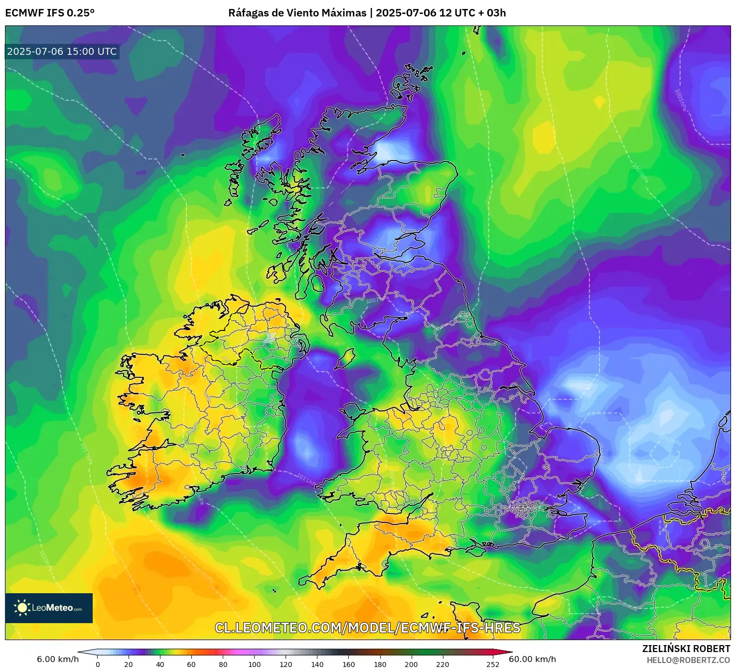 ECMWF IFS 0.25° model - Reino Unido, Ráfagas de Viento Máximas ECMWF IFS 0.25° model - Reino Unido, Ráfagas de Viento Máximas