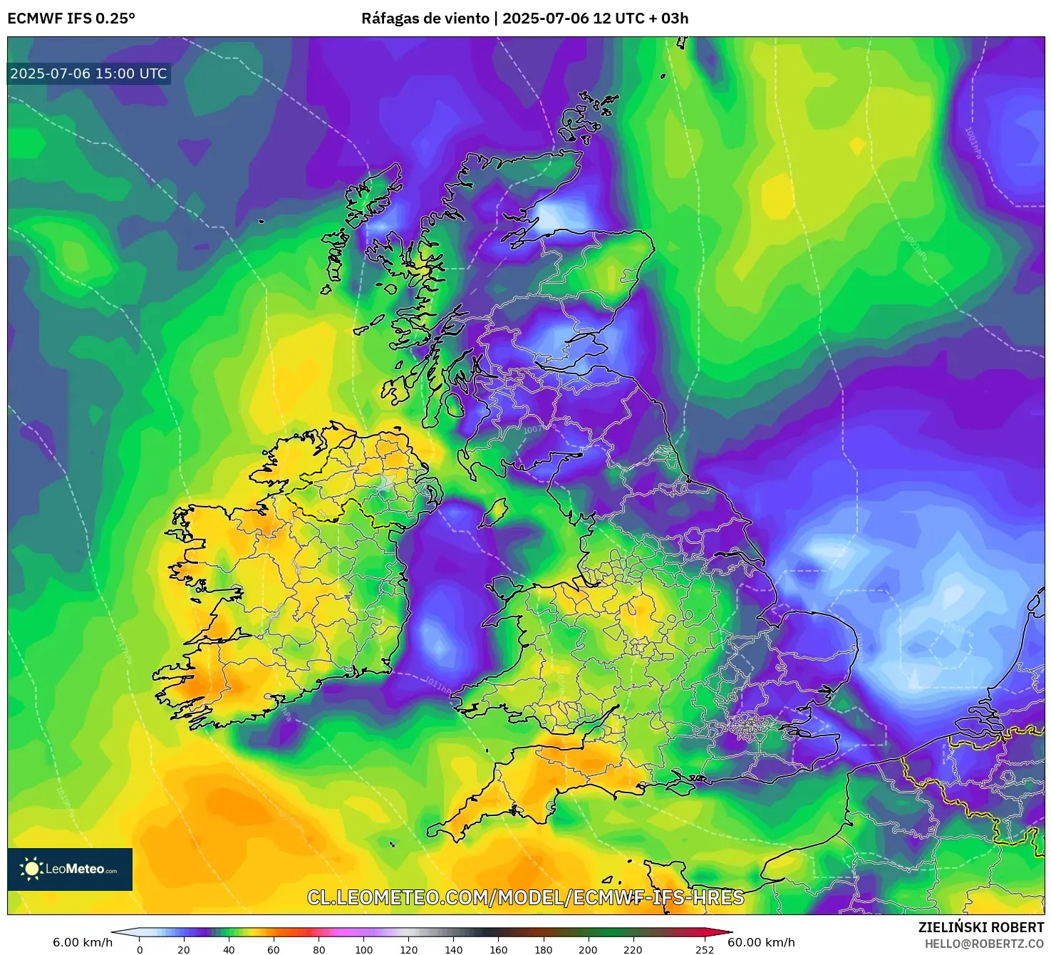 ECMWF IFS 0.25° model - Reino Unido, Ráfagas de viento ECMWF IFS 0.25° model - Reino Unido, Ráfagas de viento