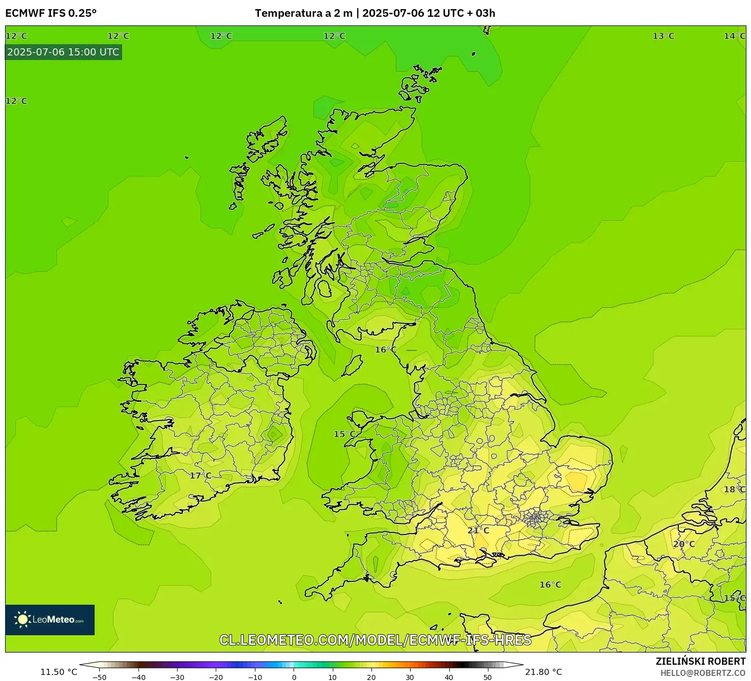 ECMWF IFS 0.25° model - Reino Unido, Temperatura a 2 m ECMWF IFS 0.25° model - Reino Unido, Temperatura a 2 m