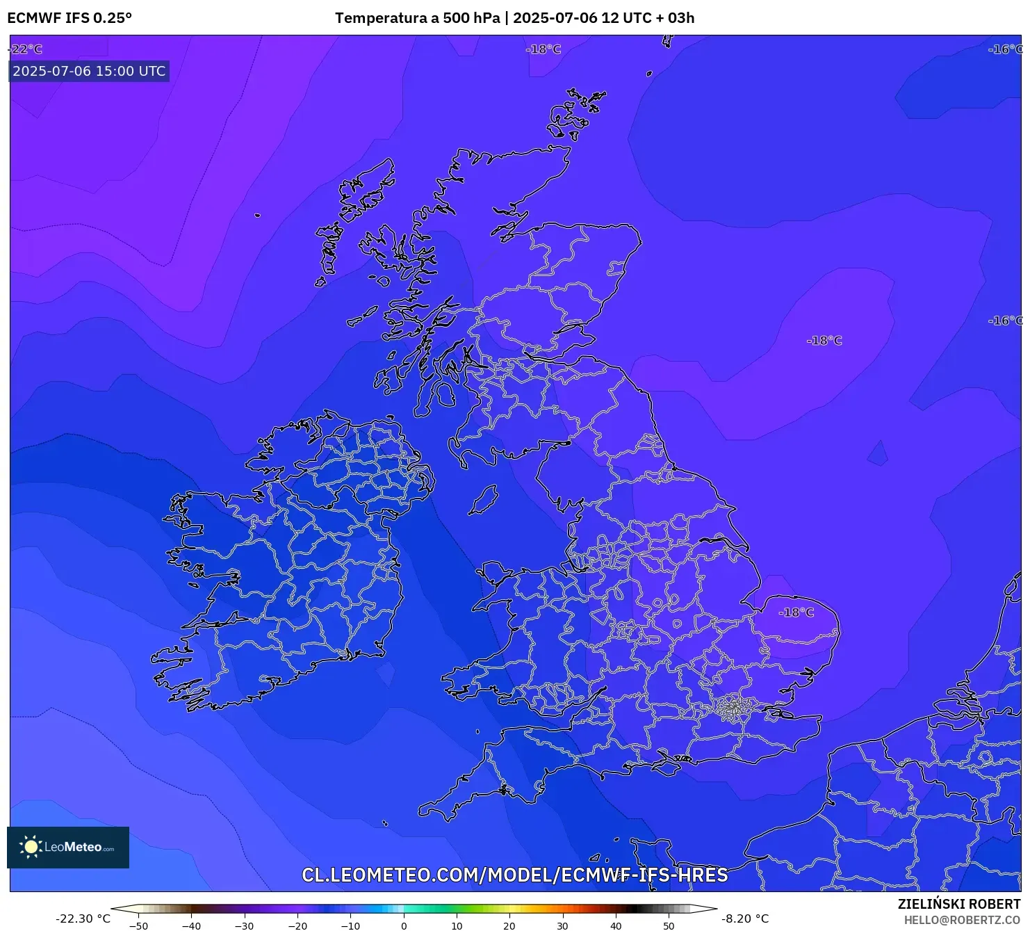 ECMWF IFS 0.25° model - Reino Unido, Temperatura a 500 hPa ECMWF IFS 0.25° model - Reino Unido, Temperatura a 500 hPa