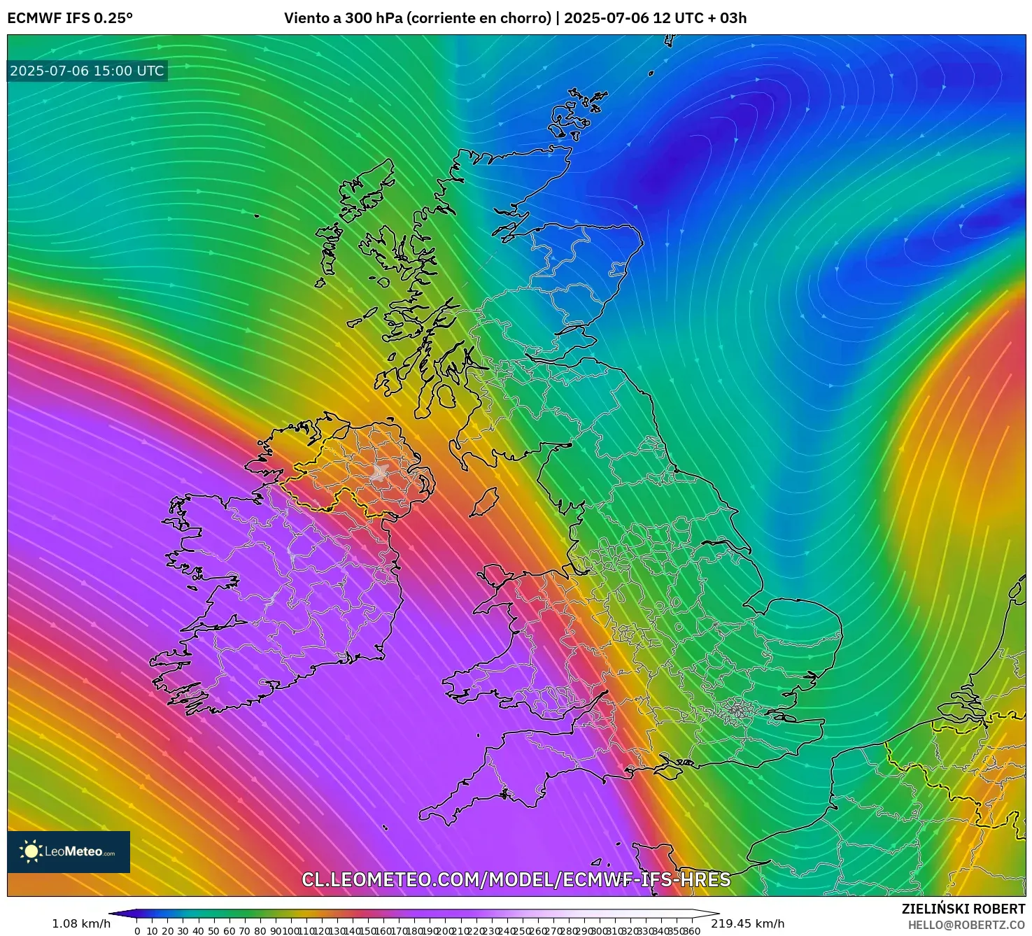 ECMWF IFS 0.25° model - Reino Unido, Viento a 300 hPa (corriente en chorro) ECMWF IFS 0.25° model - Reino Unido, Viento a 300 hPa (corriente en chorro)