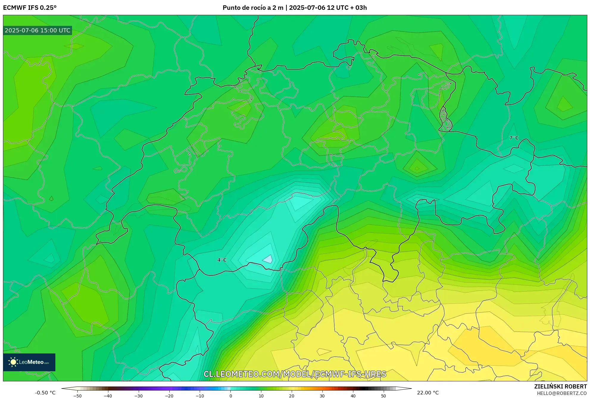 ECMWF IFS 0.25° model - Suiza, Punto de rocío a 2 m ECMWF IFS 0.25° model - Suiza, Punto de rocío a 2 m