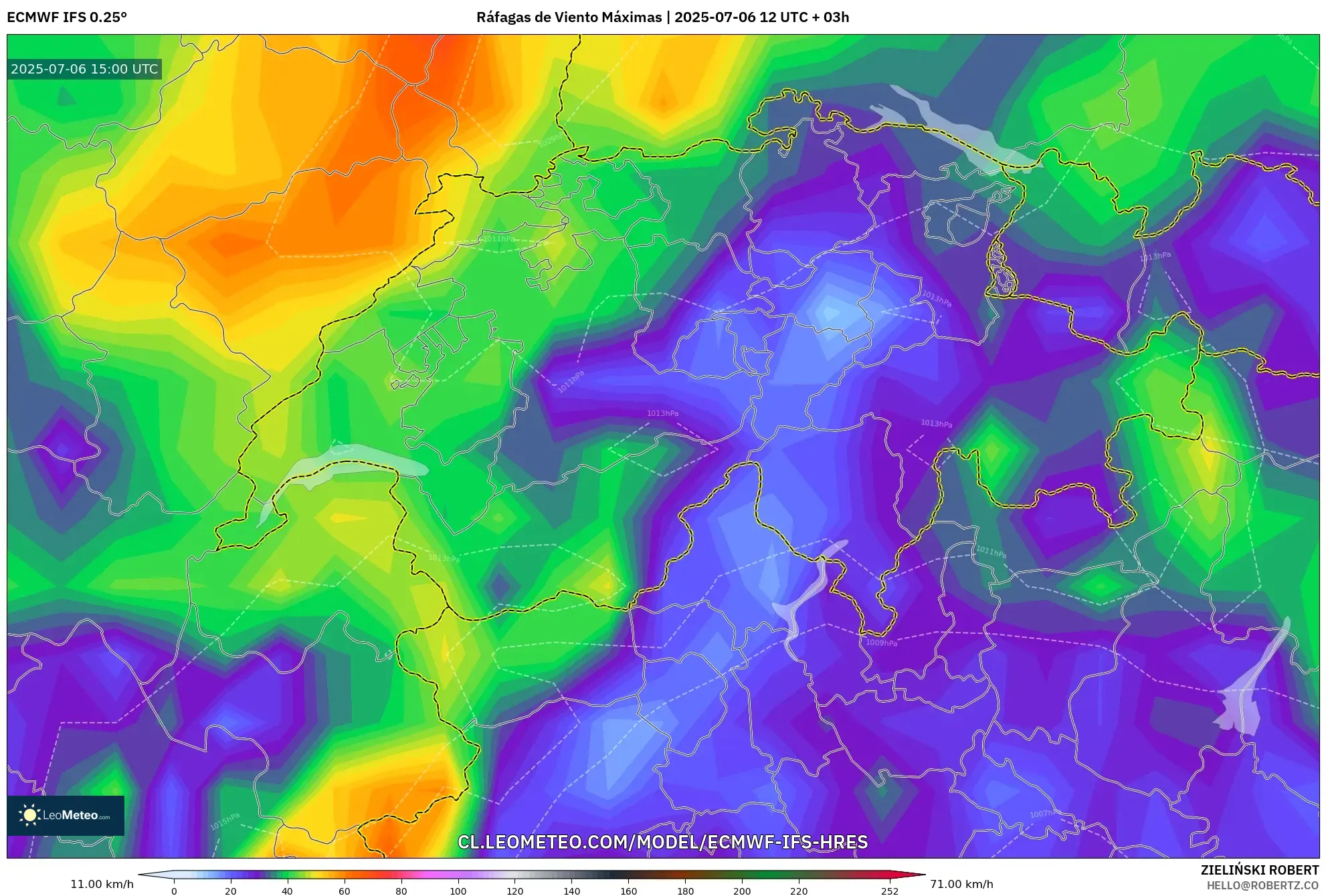 ECMWF IFS 0.25° model - Suiza, Ráfagas de Viento Máximas ECMWF IFS 0.25° model - Suiza, Ráfagas de Viento Máximas
