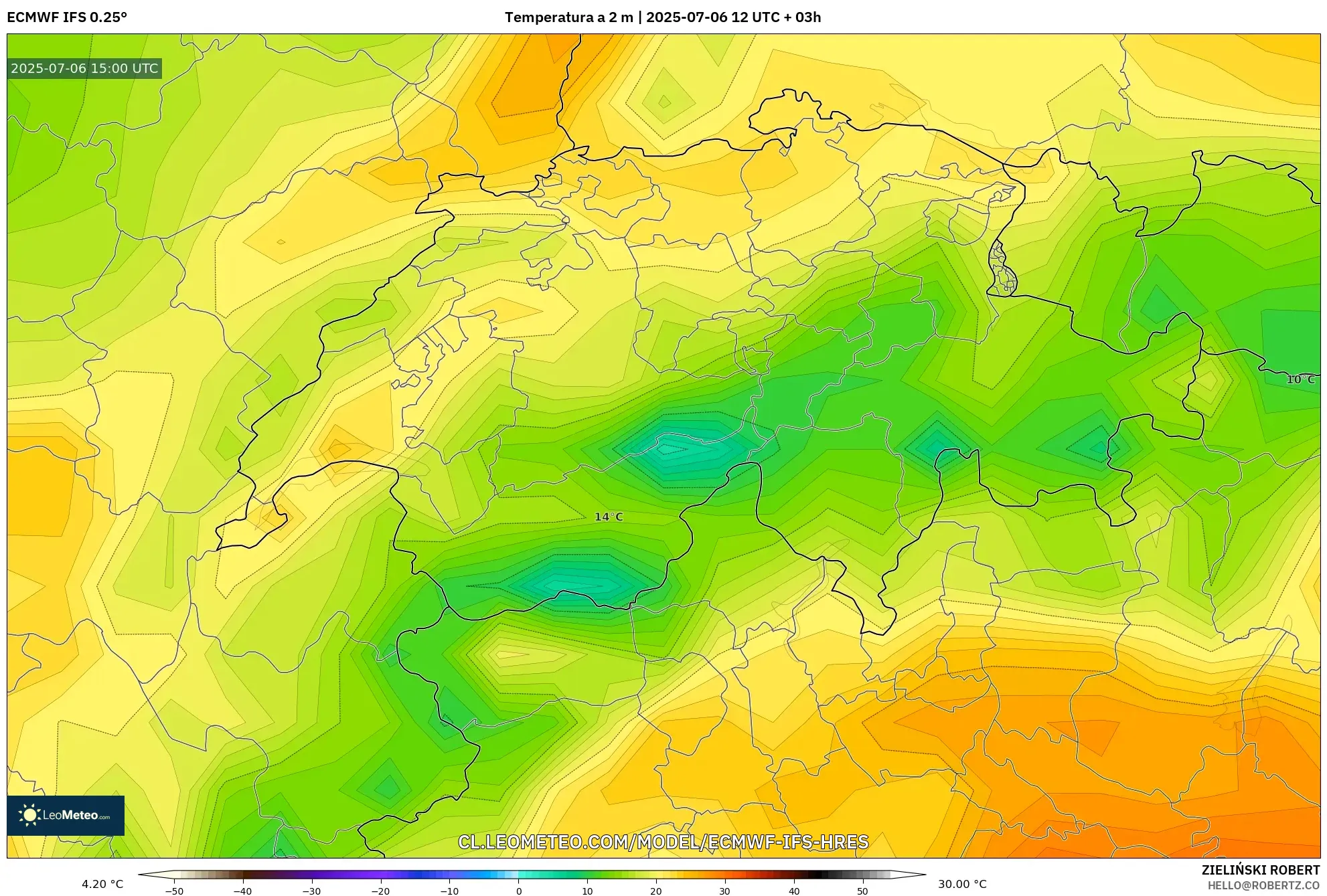 ECMWF IFS 0.25° model - Suiza, Temperatura a 2 m ECMWF IFS 0.25° model - Suiza, Temperatura a 2 m