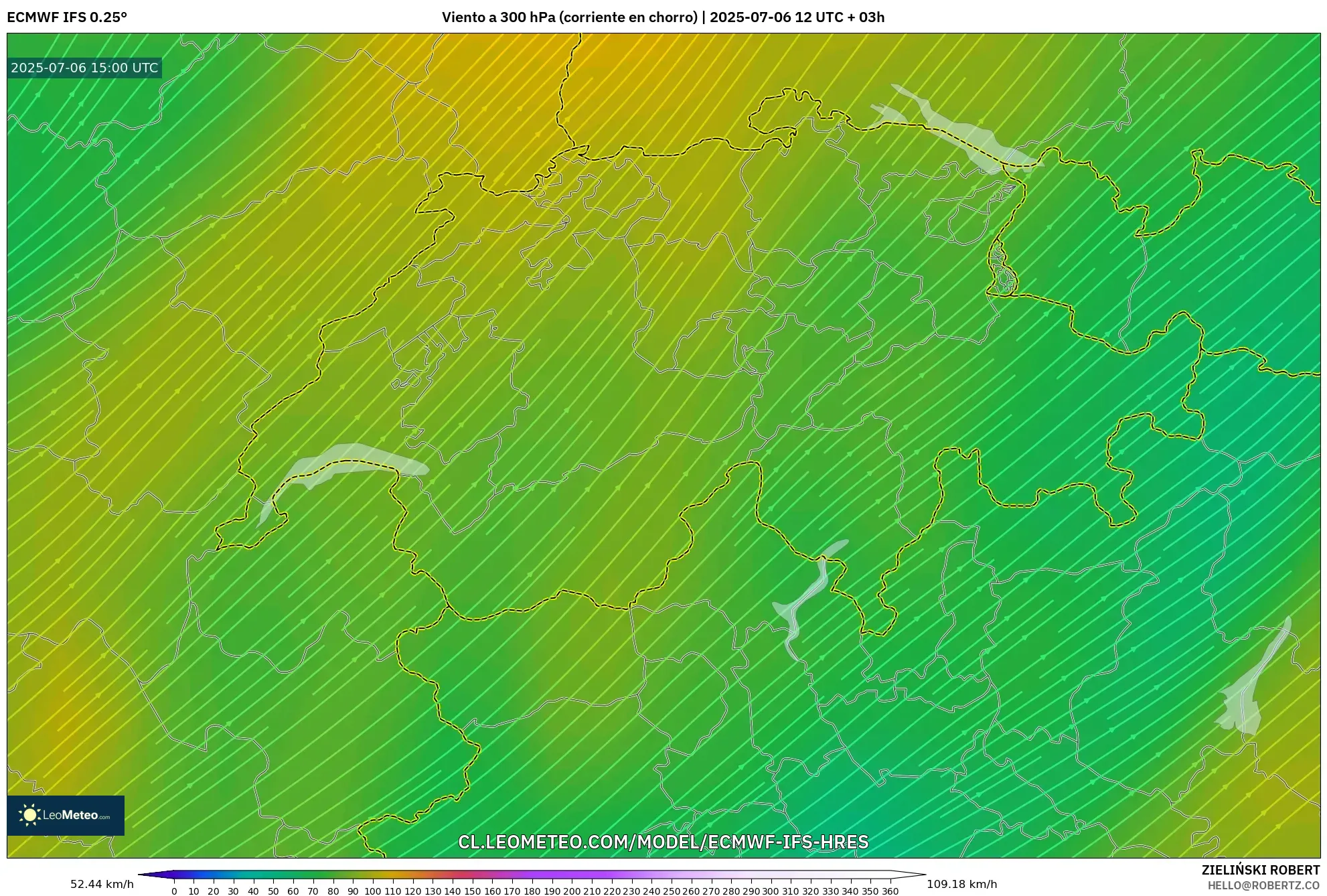 ECMWF IFS 0.25° model - Suiza, Viento a 300 hPa (corriente en chorro) ECMWF IFS 0.25° model - Suiza, Viento a 300 hPa (corriente en chorro)