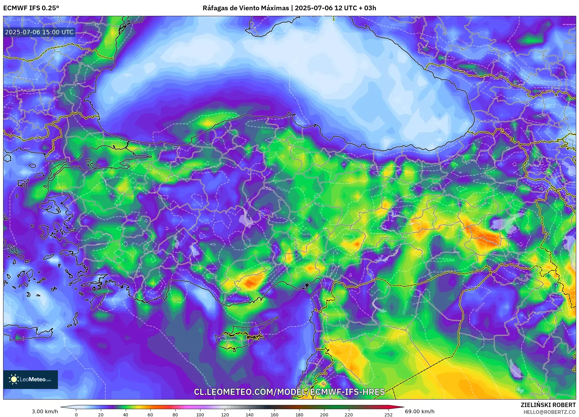 ECMWF IFS 0.25° model - Turquía, Ráfagas de Viento Máximas ECMWF IFS 0.25° model - Turquía, Ráfagas de Viento Máximas