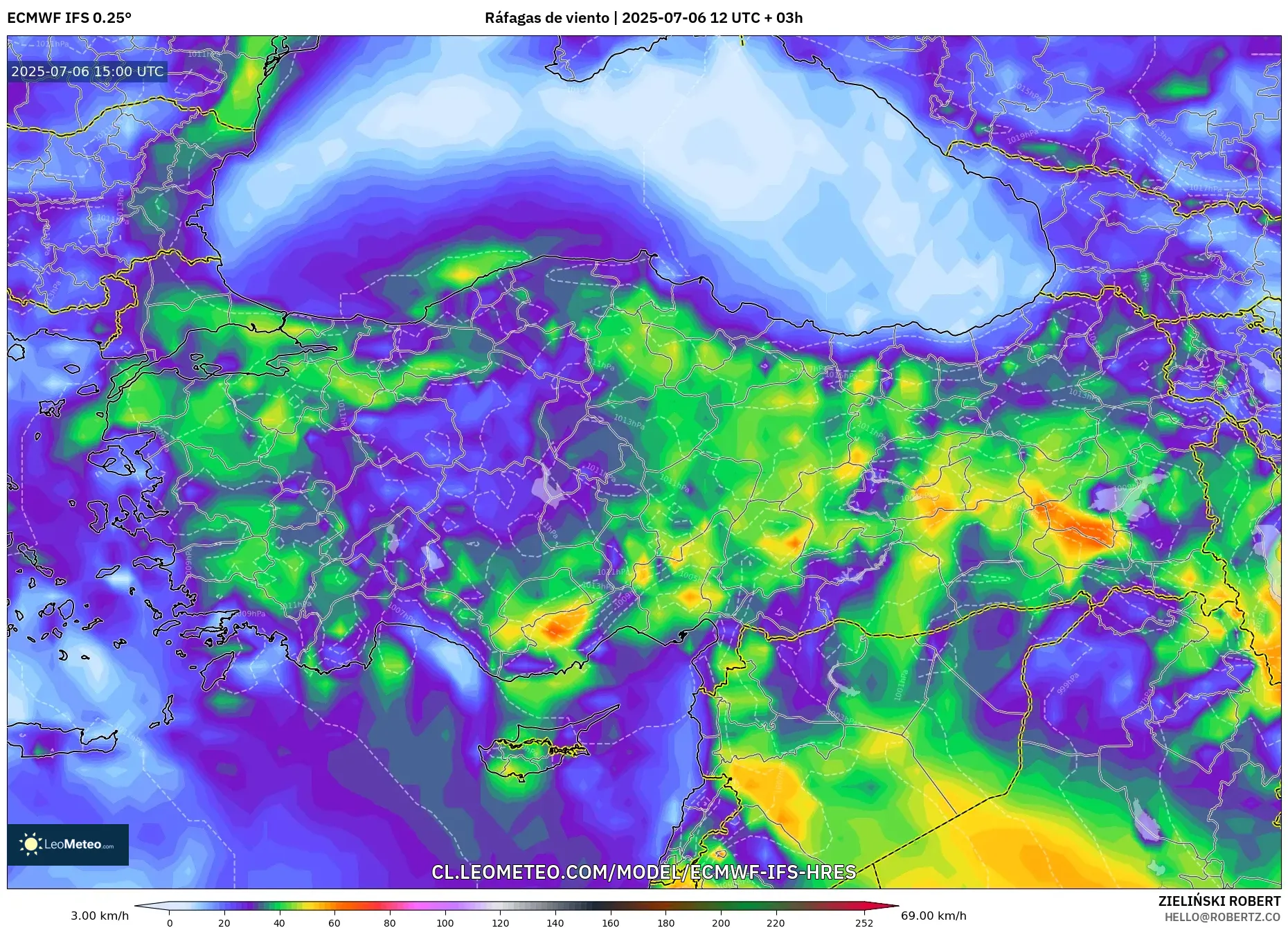 ECMWF IFS 0.25° model - Turquía, Ráfagas de viento ECMWF IFS 0.25° model - Turquía, Ráfagas de viento