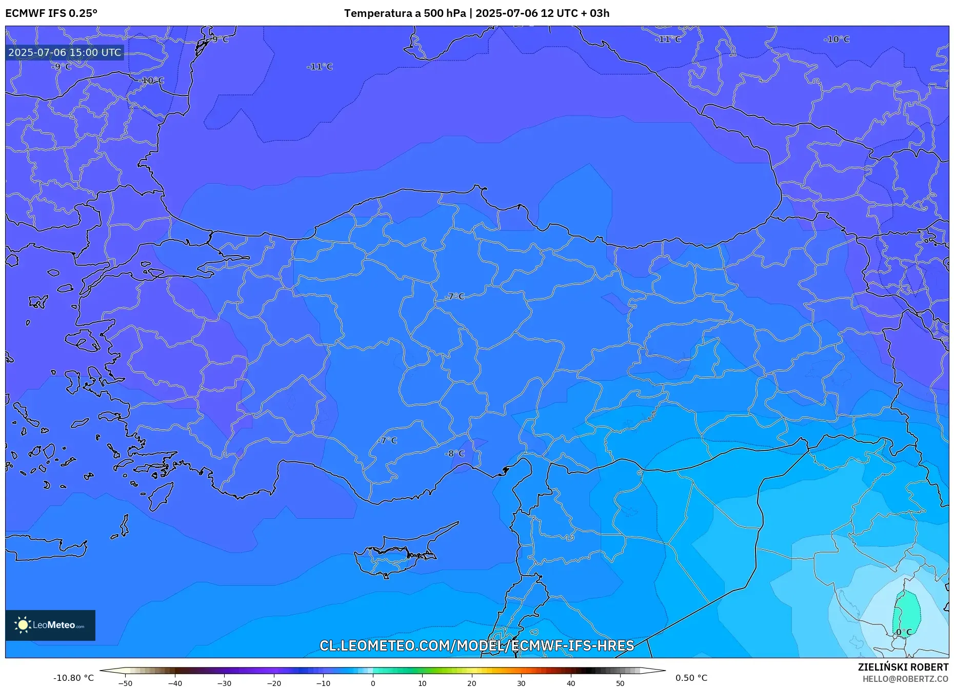 ECMWF IFS 0.25° model - Turquía, Temperatura a 500 hPa ECMWF IFS 0.25° model - Turquía, Temperatura a 500 hPa