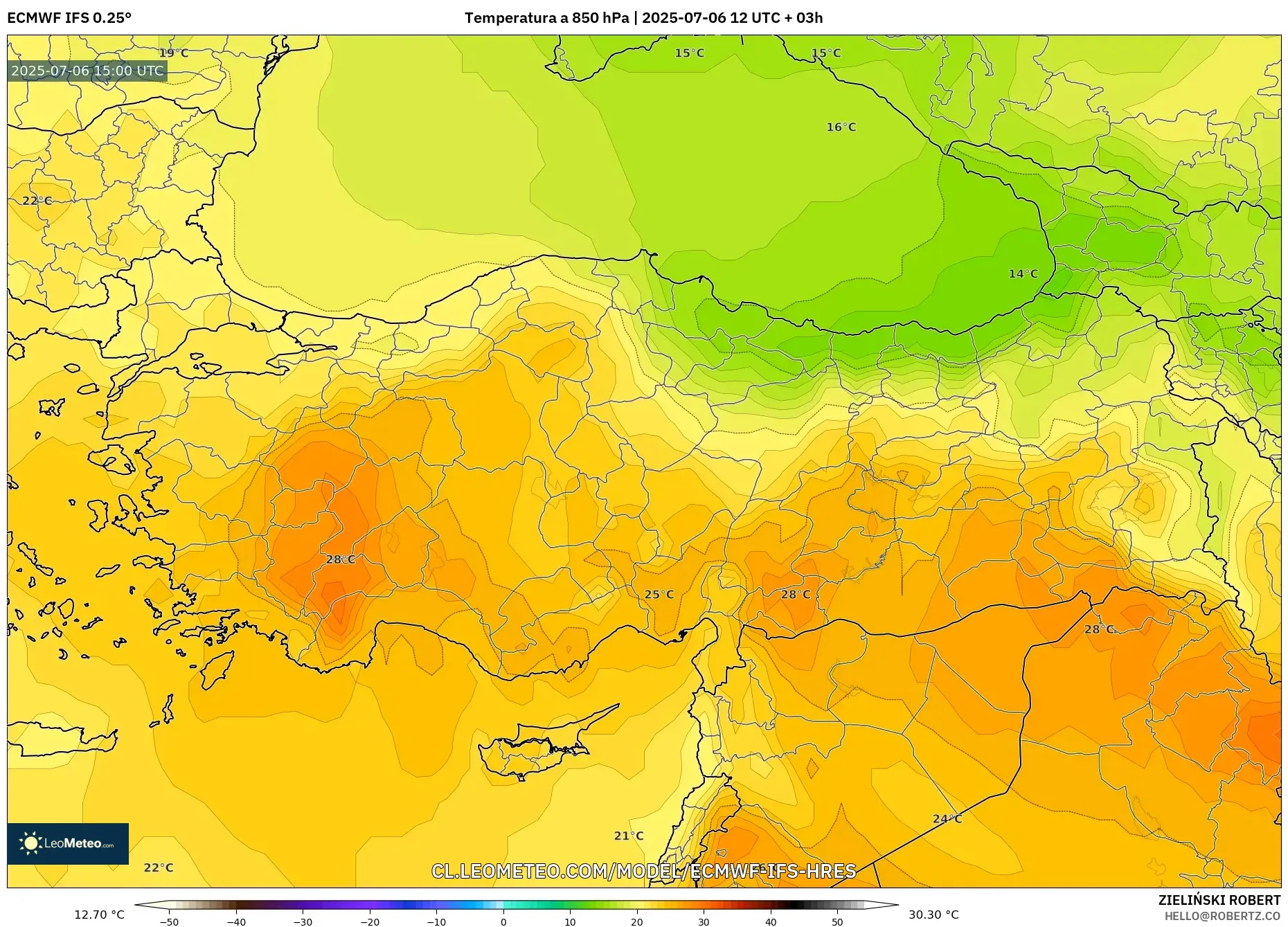 ECMWF IFS 0.25° model - Turquía, Temperatura a 850 hPa ECMWF IFS 0.25° model - Turquía, Temperatura a 850 hPa
