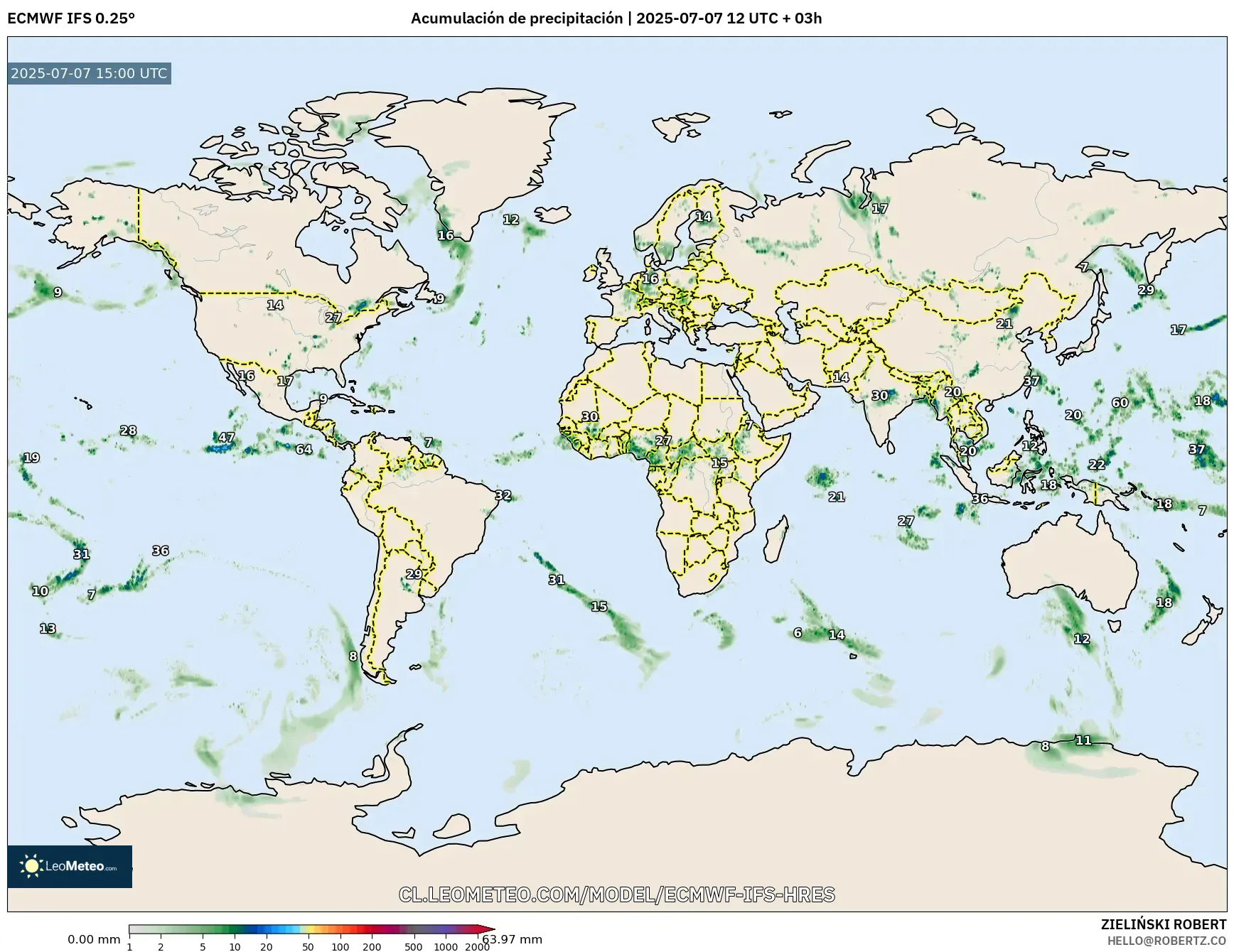 ECMWF IFS 0.25° model - Mundo, Acumulación de precipitación ECMWF IFS 0.25° model - Mundo, Acumulación de precipitación