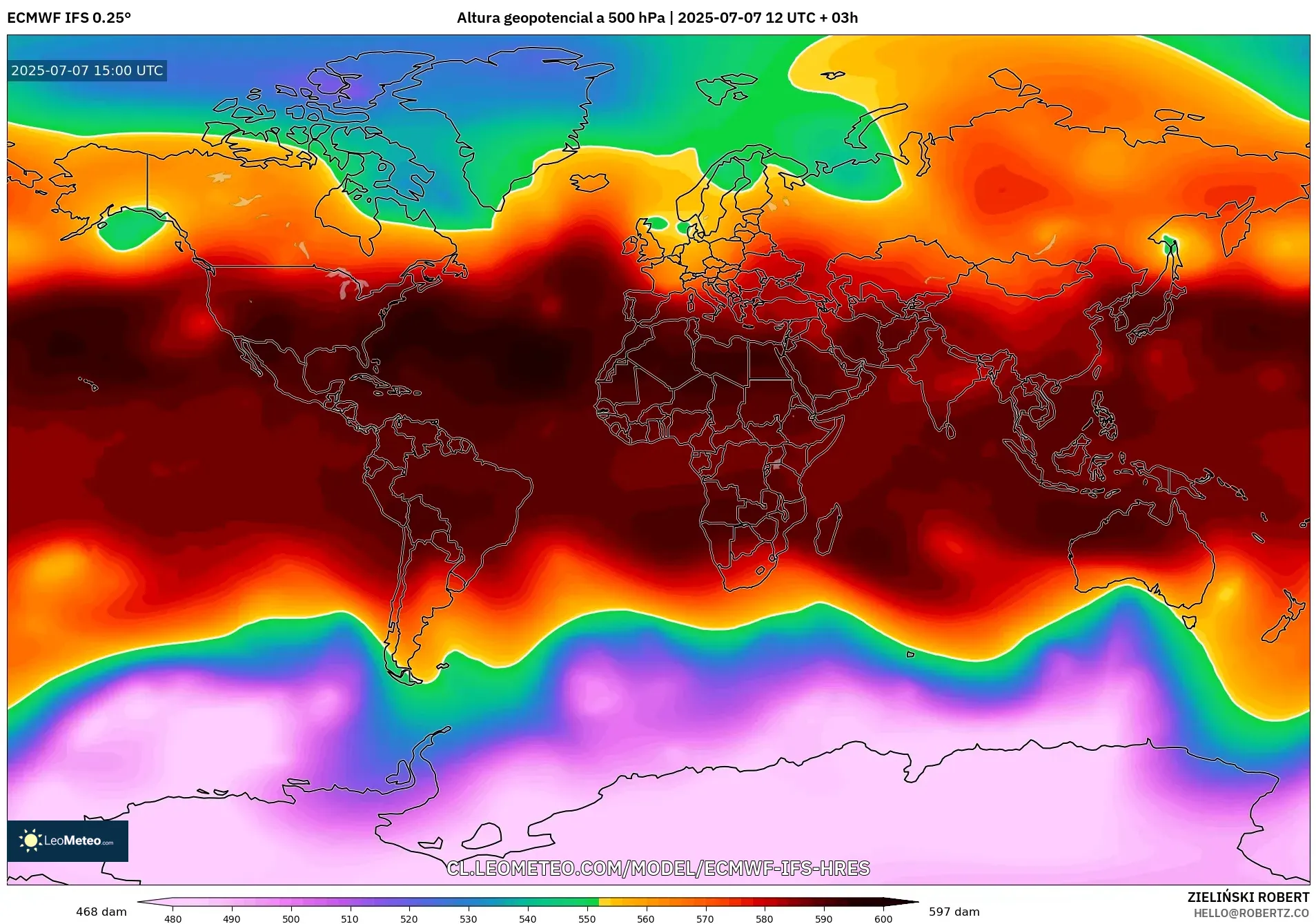ECMWF IFS 0.25° model - Mundo, Altura geopotencial a 500 hPa ECMWF IFS 0.25° model - Mundo, Altura geopotencial a 500 hPa