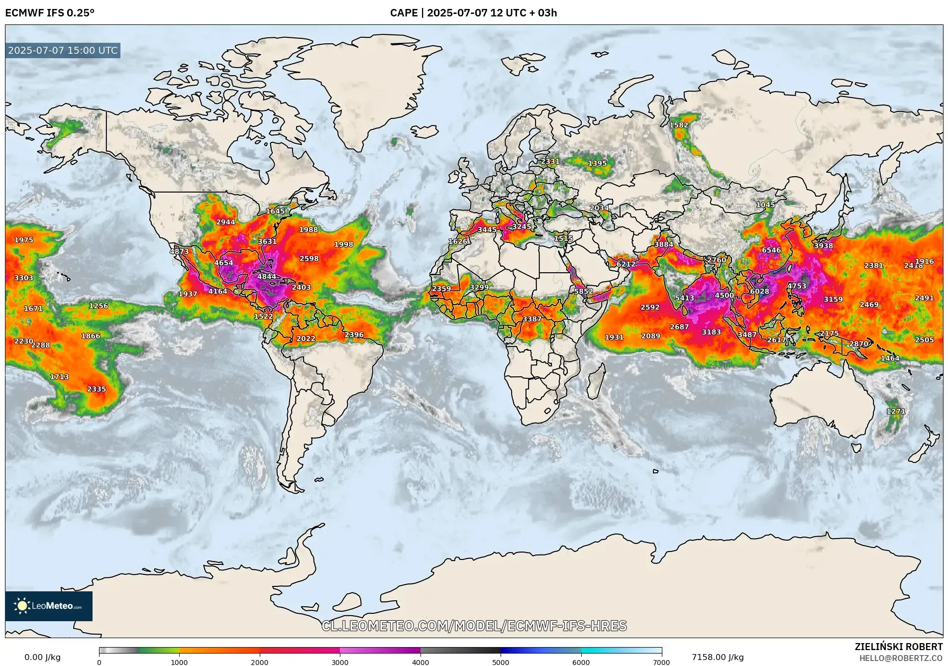 ECMWF IFS 0.25° model - Mundo, CAPE ECMWF IFS 0.25° model - Mundo, CAPE