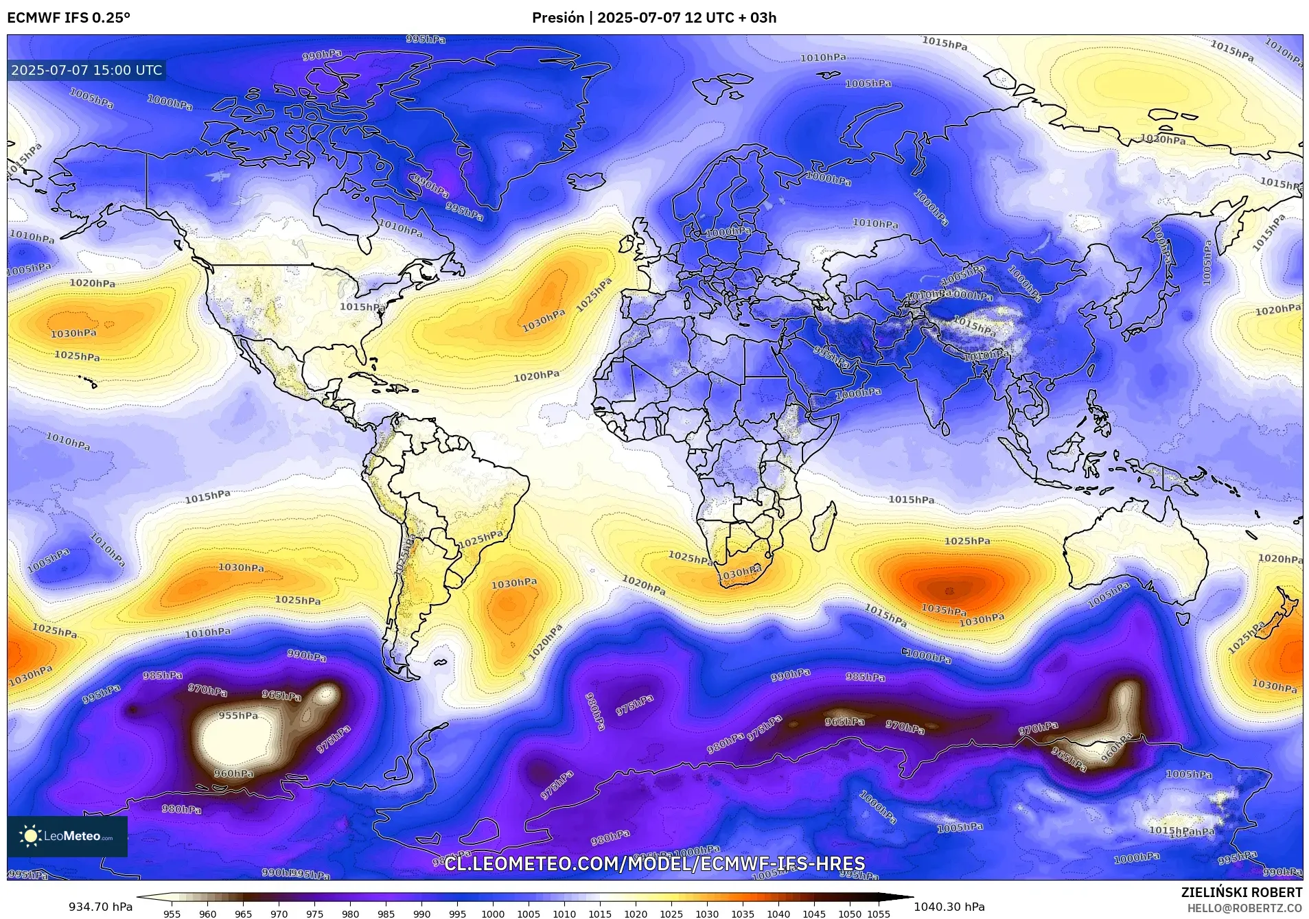 ECMWF IFS 0.25° model - Mundo, Presión ECMWF IFS 0.25° model - Mundo, Presión