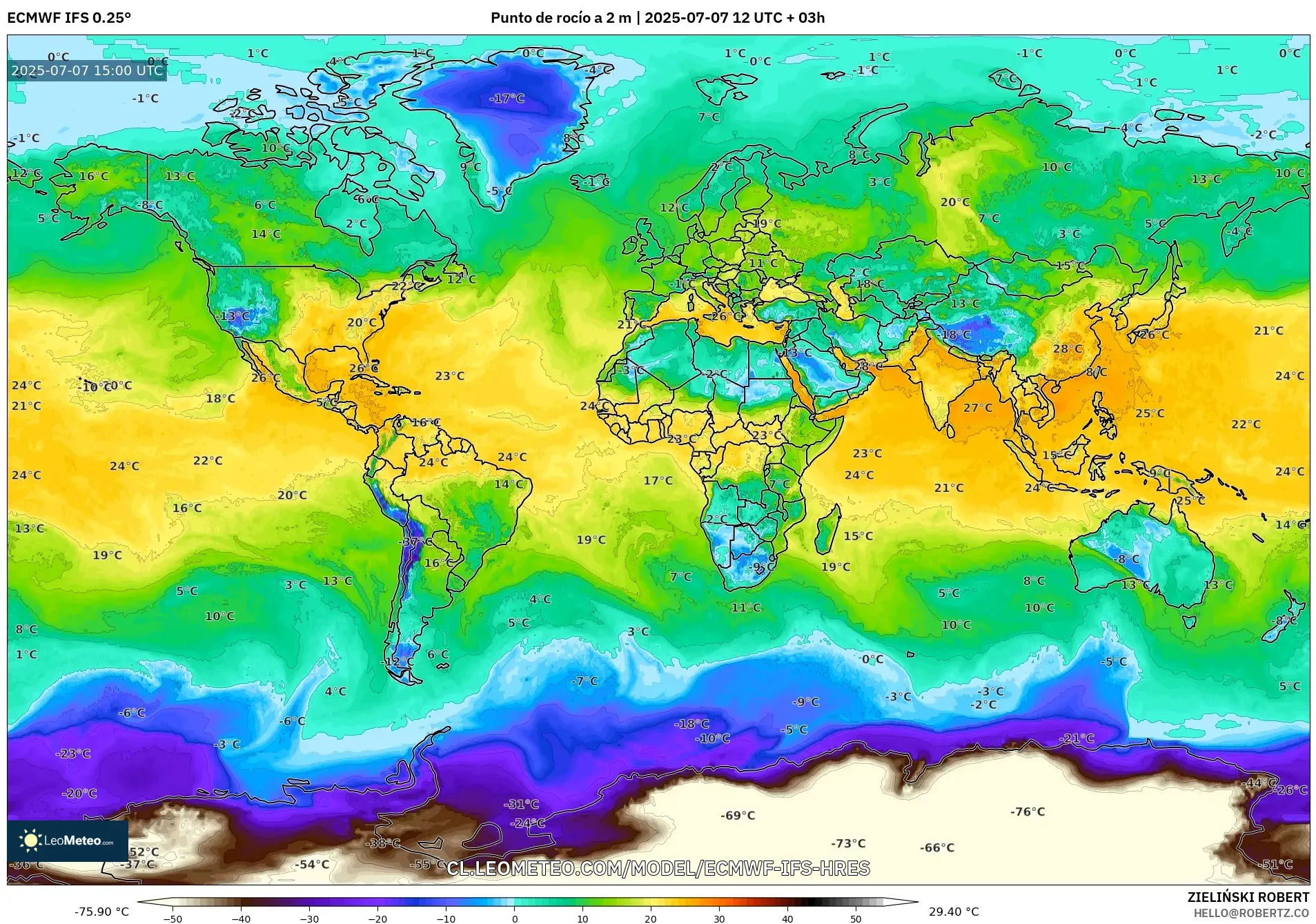 ECMWF IFS 0.25° model - Mundo, Punto de rocío a 2 m ECMWF IFS 0.25° model - Mundo, Punto de rocío a 2 m